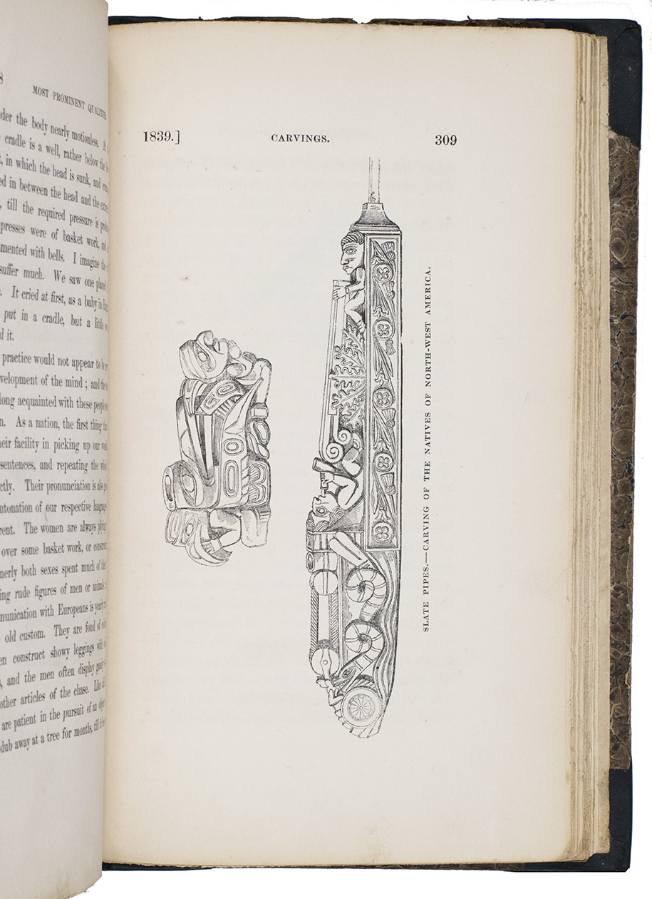 BELCHER, Edward. - Narrative of a voyage round the world, performed in Her Majesty's ship Sulphur, during the years 1836-1842, including details of the naval operations in China, from Dec. 1840 to Nov. 1841.London, Henry Colburn, 1843. 2 volumes. 8vo. With a folding map of the Canton river, folding map with the routes of the H.M.S. Sulphur, large world chart also showing the route of the Sulphur, 19 steel-engraved views and several illustrations in text.  Gold-tooled blue sheepskin, shell-marbled sides. Rebacked. In modern slipcase.