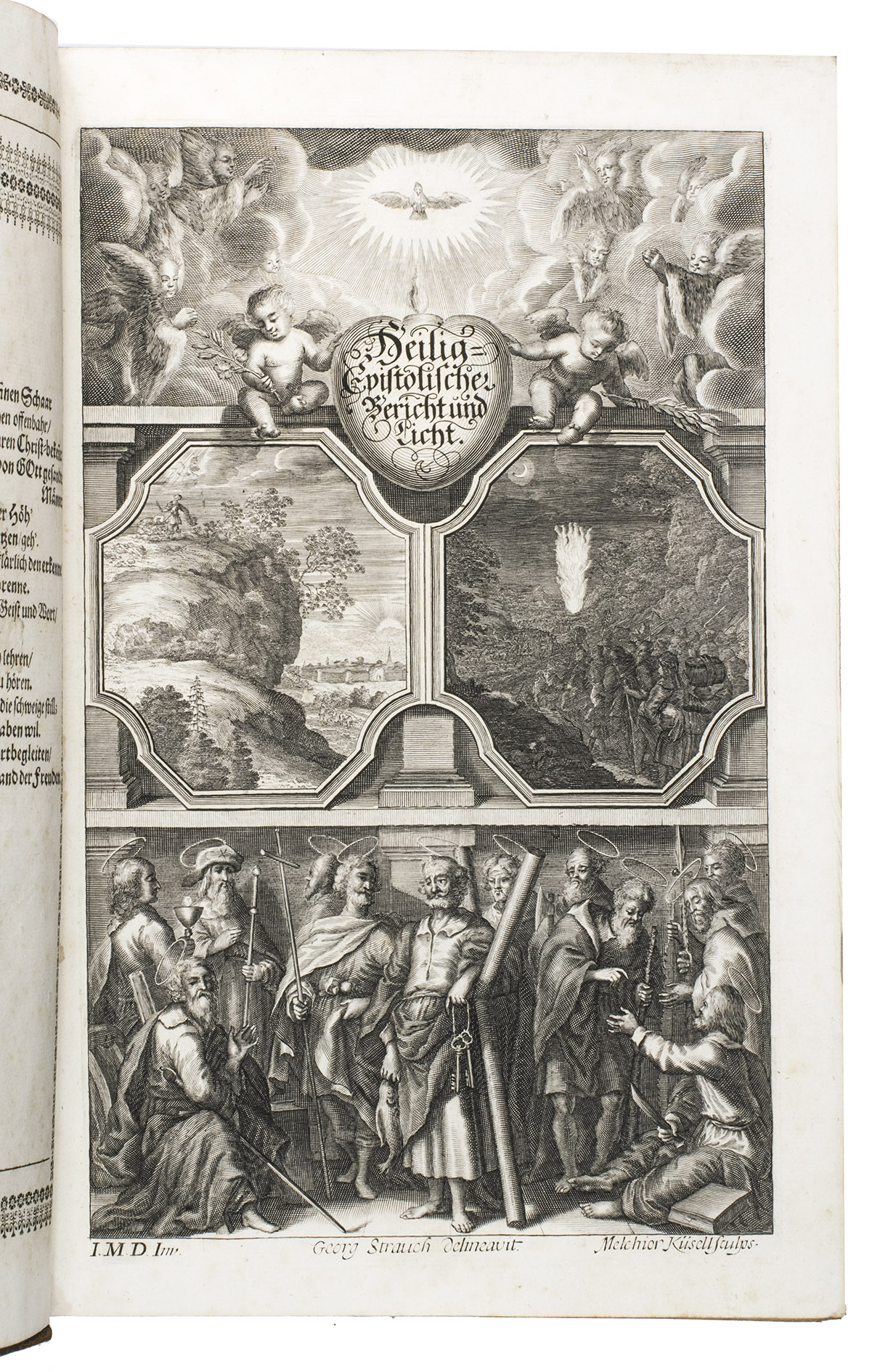 DILHERR, Johann Michael. - Heilig-Epistolischer Bericht, Licht, Geleit und Freud. Das ist: emblematische Fürstellung, der heiligen sonn- und festtäglichen Episteln.Nuremberg, Johann Andreas Endter and the heirs of Wolffgang der Jüngere, 1663. With: (2) DILHERR, Johann Michael. Augen- und Hertzens-Lust. Das ist Emblematische Fürstellung der Sonn- und Festtäglichen Evangelien. Nuremberg, Johann Andreas Endter and the heirs of Wolffgang der Jüngere, 1661. 2 works in 1 volume. Folio. Ad 1: with an engraved frontispiece, a woodcut printer's device, and 85 large engraved emblems by M. Küsell after G. Strauch. Further with numerous woodcut initials, and woodcut head- and tailpieces. Ad 2: with an engraved frontispiece, a woodcut printer's device, and 91 large engraved emblems by M. Küsell after G. Strauch. Contemporary calf with the coat of arms of the Nürnberg patrician family Holzschuher Von und Zu Haszlach stamped in gold in the centre of each board, gold-tooled spine, gilt edges, floral chintz end papers.