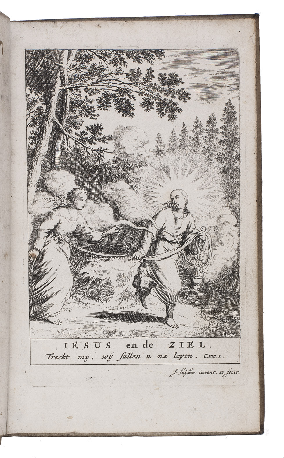 [LUYKEN, Jan]. - Jezus en de ziel. Een geestelycke spiegel voor 't gemoed. Bestaande uyt veertig aangename en stichtelycke sinne-beelden.Amsterdam, Pieter Arentsz., 1687. 8vo. With engraved frontispiece and 39 engraved emblems in text, all engraved by Jan Luyken. Contemporary vellum, sprinkled edges.