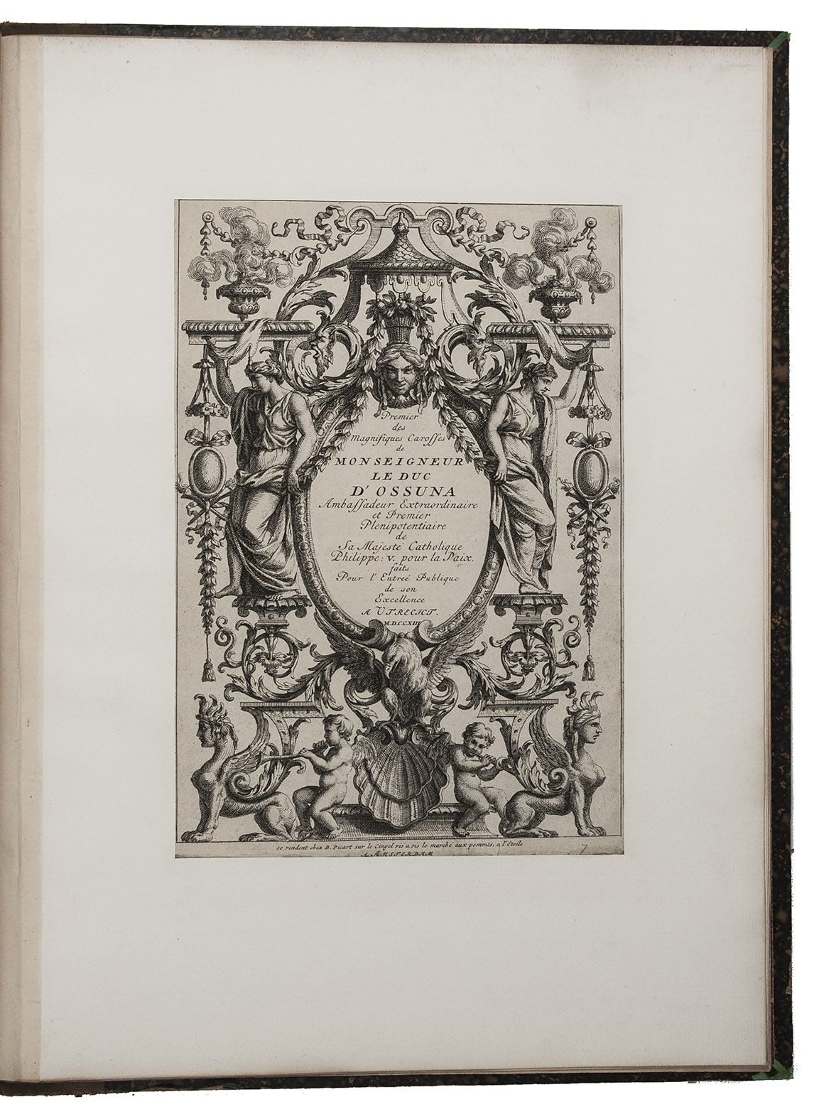 LEMOYNE, Jean. - Ornements pour servir aux peintres, & grave[urs].Paris, G. Duchange, 1710. With engraved title-page and 5 (of 6?) engraved plates.With: (2) LEMOYNE, Jean. Ornemens inventez & gravez.Paris, Jean Bairain, 1676. With engraved title-page and 5 engraved plates, and added at the end an engraved plate by Bernard Picart. All plates mounted within passepartout leaves. 2 works in 1 volume. Folio. 19th-century half calf.