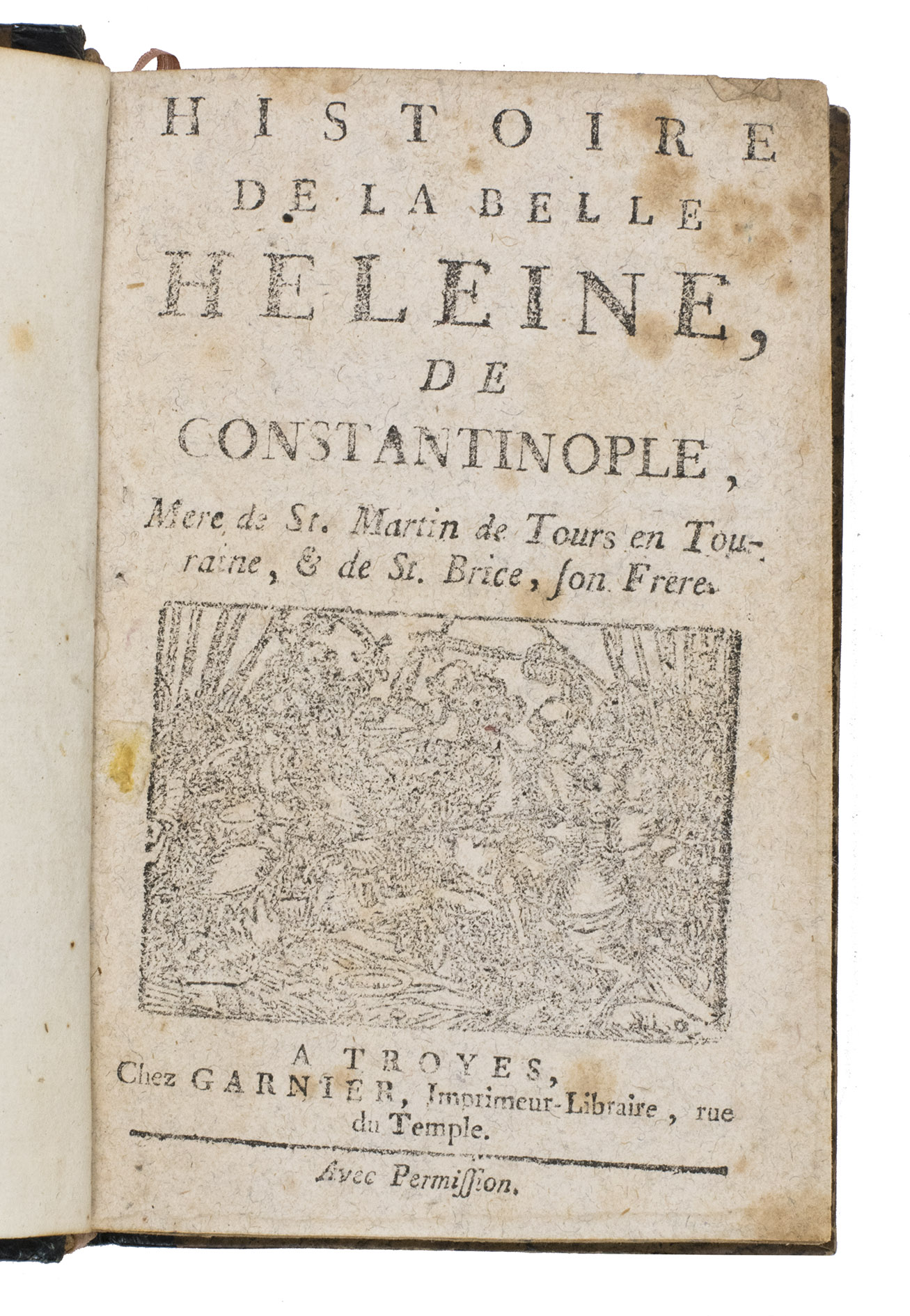 [CHAPBOOKS - FRENCH]. - Histoire de la belle Heleine de Constantinople, mre de St. Martin de Tours en Touraine, & de St. Brice, son frre.Troyes, Pierre Garnier, [ca. 1738].With:(2) [FORTUNATUS]. Histoire des avantures heureuses et malheureuses de Fortunatus, avec sa bourse et son chapeau. Enseignant comme un jeune homme se doit gouverner. Troyes, chez Jean Garnier, [ca. 1760]. (3) [JEAN DE PARIS]. Histoire de Jean de Paris, Roi de France. Troyes, la veuve Garnier & Fils, [ca. 1740].(4) [JEAN DE CALAIS]. Histoire de Jean de Calais.Troyes, la veuve Garnier & Fils, [ca. 1760].(5) [ROBERT LE DIABLE]. La terrible et merveilleuse vie de Robert le Diable, lequel aprs fut homme de bien.Troyes, la veuve Garnier, [ca. 1740].(6) [RICHARD SANS PEUR]. Histoire de Richard sans Peur, Duc de Normandie, fils de Robert Le Diable, Qui par sa prudence fut Roi d'Angleterre, & fit de grandes conqutes & vaillances. Troyes, la veuve Garnier, [ca. 1740].(7) GARGANTUAS, La vie du fameux Gargantuas, le plus terrible geant qui ait jamais paru sur la terre. Traduction nouvelle dresse sur un ancien manuscrit qui s'est trouv dans la Bibliothque du Grand Mogol.Troyes, la veuve Jacques Oudot, 1715.(8) [TIJL UILENSPIEGEL]. La vie joyeuse et recreative de Tiel Ulespiegle, de ses faits merveilleux & fortunes qu'il a eues lequel par aucune ruse ne se laissa  pas tromper. Troyes, la veuve Garnier, [ca. 1765].8 works in 1 volume. 8vo. 19th-century half dark blue morocco, decorated paper sides, gold-tooled spine with 