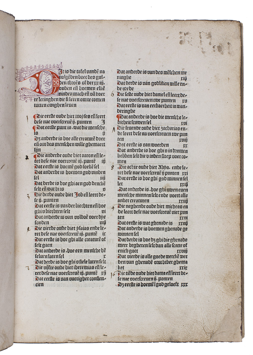 OTTO VON PASSAU. - Boec des gulden throe[n]s of der xxiiij. ouden en[de] hoemen elke[n] vinden mach en[de] va[n] hoerre leringhen die si leren om te comen totten ewighen leven.(colophon: Haarlem, [Jacob Bellaert], 25 October 1484). Folio (29 x 21.5 cm). With large woodcut printer's device (142 x 82 mm) on verso of last leaf (with the arms of the city of Haarlem above an eagle holding a larger blank shield, here filled in by a contemporary owner); 4 woodcut illustrations and 20 repeats, representing the 24 elders, each showing one of the male elders, standing, teaching a female novice kneeling before him. Further with spaces left for initials, all filled in with uncials by hand, about 25 with penwork decoration in 1 or 2 additional colours: 1 blue 6-line initial with decorations in red and violate extending far into the margin, about 24 red 3 to 9-line (mostly 7-line) initials with lavendar penwork (1 with 2 green dots), some extending into the margin, and more than 70 2-line red initials without penwork decoration; a few spaces left for -marks, also filled in in red; capitals rubricated throughout. Set entirely in Baellart's textura (99 or 100 mm/20 lines or about 14.5 point). Lacking leaf 137 (the second to last text leaf) and the final blank. Modern sheepskin.