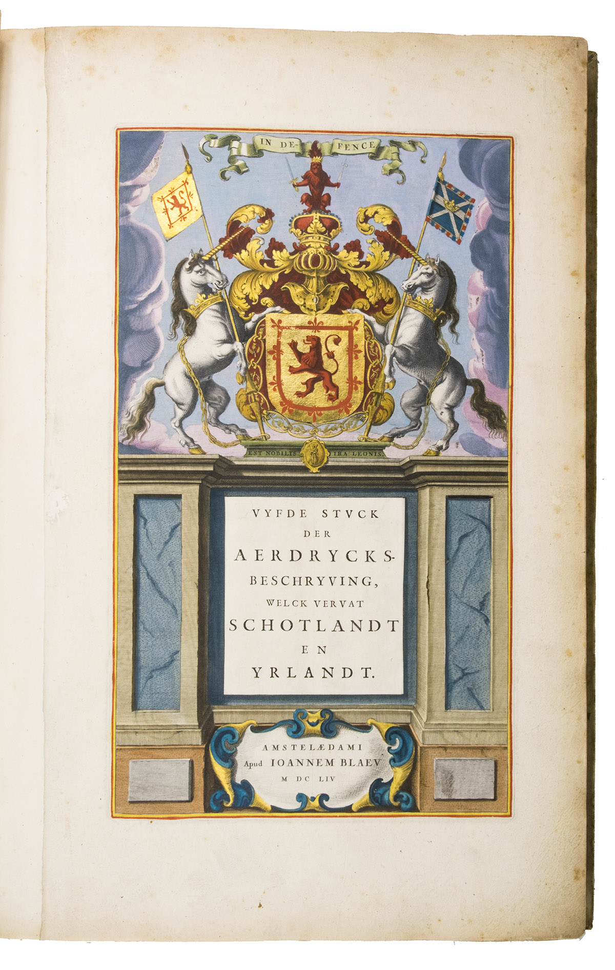 BLAEU, Joan. - Vyfde stuck der aerdrycksbeschryving, welck vervat Schotlandt en Yrlandt.Amsterdam, Joan Blaeu, 1654. Atlas folio (57.5 x 39.5 cm). With engraved architectural title-page with the arms of Scotland filling the top half, elaborately crested, supported by unicorns with flags and still with the old Stuart royalist mottos, and 55 engraved maps (54 double-page and 1 of the Irish County Caterlogh, full-page), often richly adorned with additional cartouches with regional scenes, but most often with coats of arms from the region. Numerous woodcut tailpieces and decorated initial letters. The title-page and all maps, including the cartouches, scenes and coats of arms, beautifully coloured by hand and highlighted with gold. All maps in their first states, without added ships or compass roses. 17th-century Dutch gold-tooled vellum.