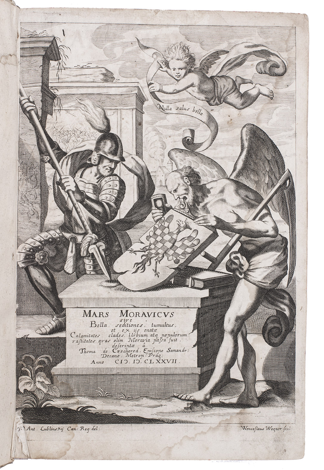 PEŠINA Z CECHORODU, Tomáš Jan. - Mars Moravicus. Sive bella horrida et cruenta, seditiones, tumultus, praelia, turbae: & ex ijs enatae crebrae et funestae rerum mutationes, dirae calamitates, incendia, clades, agrorum depopulationes, urbium vastitates, aedium sacrarum et prophanarum ruinae, arcium et oppidorum eversiones, pagorum cineres, populorum excidia, & alia id genus mala, quae Moravia hactenus passa fuit.Prague, Joannis Arnolti de Dobroslawina, 1677. Folio. With an engraved allegorical frontispiece by Wenceslaus Wagner after A. Lublinsky, a full-page engraved portrait of the author, and large folding engraved map of Moravia (50 x 38 cm) by Samuel Dworzak, dated Prague 1677. Further with numerous woodcut decorated initials and woodcut ornamental head- and tail-pieces. Contemporary overlapping vellum, red edges, remnants of green closing ties.