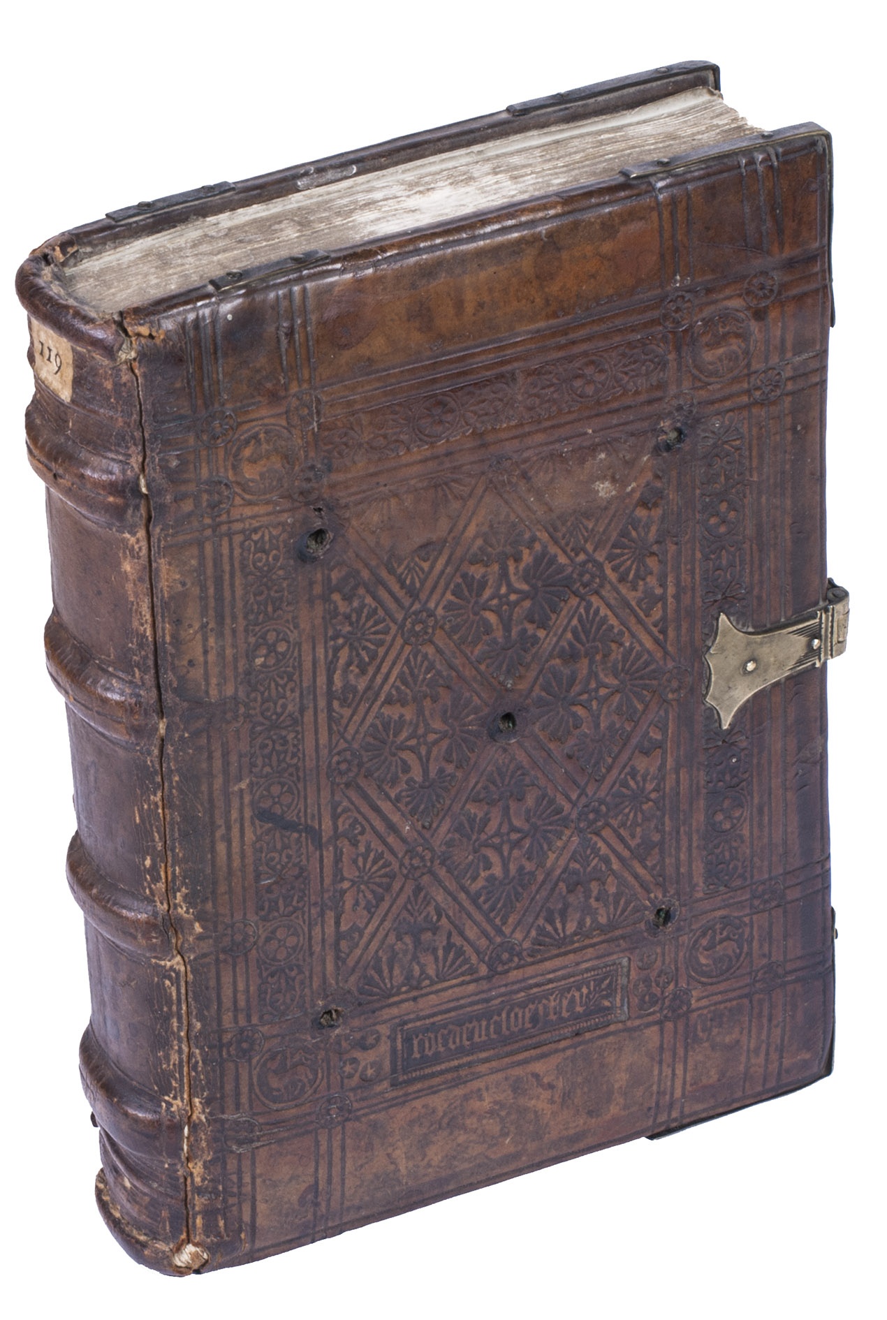 [POST-INCUNABLE - ROOKLOOSTER - WINDESHEIM]. - Ordinarius divini officii pro ordine Canonicorum Regularium, Capittuli sive Congregationis Wyndesemensis. Anno Domini. M.CCCCC.XXI.Deventer, Albert Pafraet, April 1521. With: (2) [POST-INCUNABLE]. Statuta capituli Windeshemensis. - Incipiunt statuta capituli de windesim. impressa amstelredammis Et primo de elecione intronisatione & confirmatione novi prioris. Den Hem (near Schoonhoven), Regular canon Frater N., 1508.(3) [MANUSCRIPT - LATIN]. Forma inclusionis.[Rooklooster, after 1480 (ca. 1490)]. 4to. Ad 1: With the title set within a magnificent woodcut frame consisting of four pieces. Further with two smaller woodcuts in the text, woodcut initials and a full-page woodcut illustration at the end. All illustrations are beautifully coloured by a contemporary hand. The text is set in roman type (with some occasional Gothic type), rubricated throughout. Ad 2: With a large handcoloured woodcut beneath the two lines of the title, the text is set in Gothic type, rubricated throughout. Ad 3: Latin manuscript written in a neat littera hybrida with the titles written in a littera textualis, rubricated throughout. In a beautifully and richly paneled original and signed binding of the famous Rooklooster (the 
