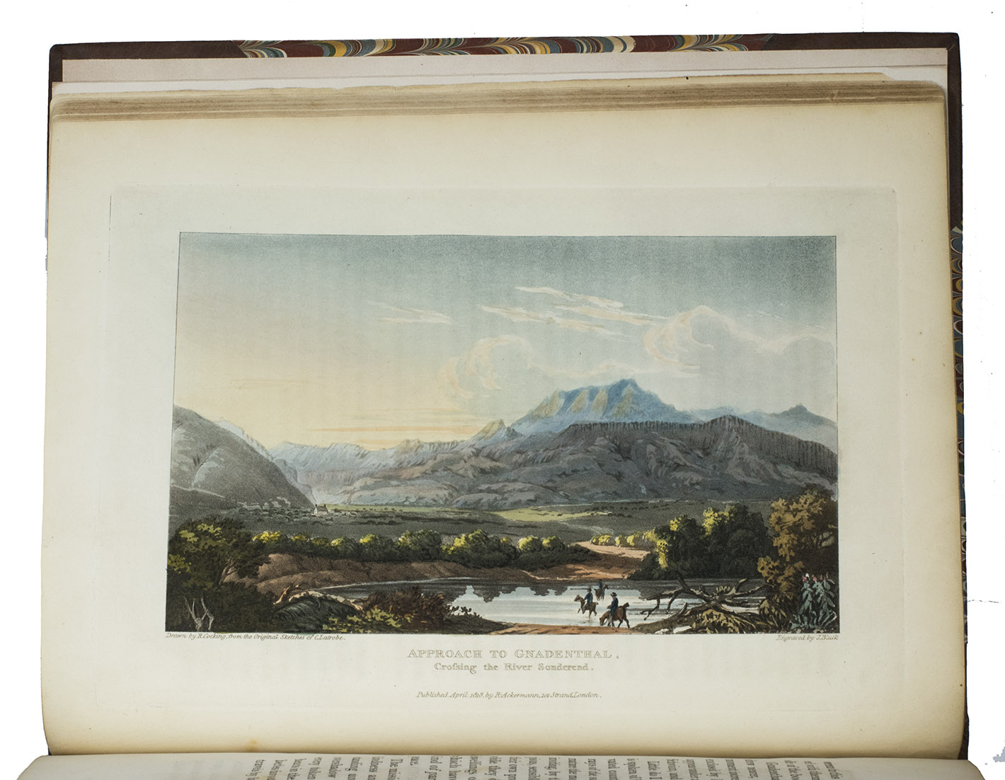 LATROBE, Charles Ignatius. - Journal of a visit to South Africa in 1815, and 1816. With some account of the missionary settlements of the United Brethren, near the Cape of Good Hope.London, W. M'Dowall for L.B. Seeley and R. Ackermann, 1818. 4to. With folding map (53 x 27 cm), partly hand-coloured, showing the tracks of the expedition, 12 full-page hand-coloured aquatints, and 4 full-page engravings of coastal views. Later half calf.