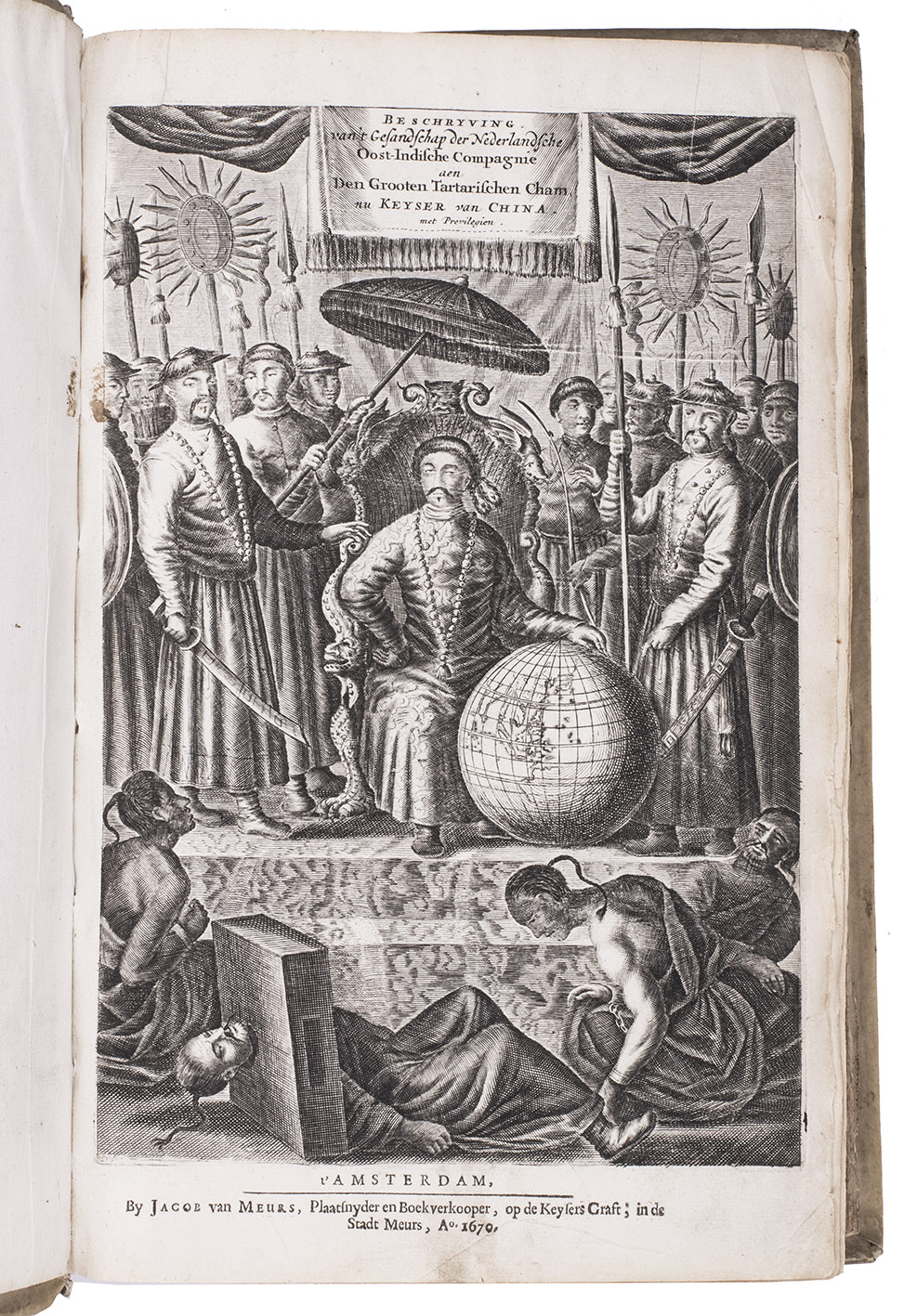 NIEUHOF, Johan. - Het gezantschap der Nerlandtsche Oost-Indische Compagnie, aan den grooten Tartarischen Cham, den tegenwoordigen keizer van China...Amsterdam, Jacob van Meurs, 1670. Folio. With engraved title-page, letterpress title-page printed in red and black, full-page engraved portrait of the author, 1 large folding engraved map of China, 34 double-page engraved plates and views, 110 half-page engraved illustrations in text. Contemporary blind-tooled vellum.