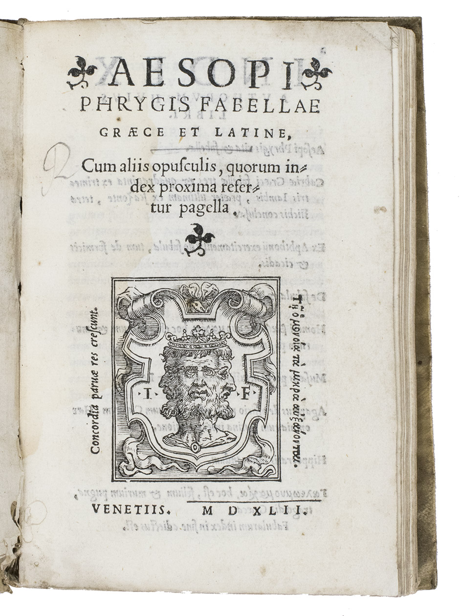 AESOP. - Fabellae Graece et Latine, cum aliis opusculis, quorum index proxima refertur pagella. Venice, (colophon: Giovanni Farri and brothers), 1542. Small 8vo (16 x 11 cm). With 1 woodcut decorated initial but further with spaces left for manuscript Greek and Latin initials (with printed guide letters). Contemporary limp sheepskin parchment, with fragments of a vellum manuscript used to reinforce the spine.