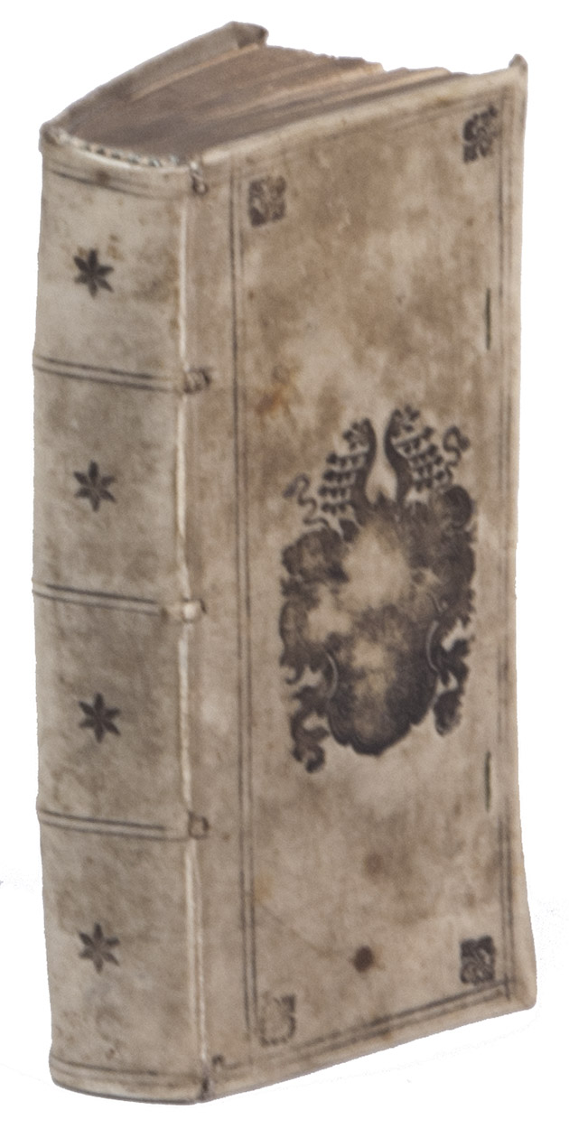 MEXIA, Pedro. - Coloquios o dialogos compuestos por el magnifico cavallero Pero Mexia, vezino de Sevilla, en los quales se disputan y tratan varias y diversas cosas de mucha erudicion y doctrina. Al illustrissimo senor don Perasan de Ribera Marques de Tarisa &c.Antwerp, widow of Martinus Nutius, 1561. Small agenda 12mo (14 x 6.5 cm). With Nutius's woodcut device on the title-page. 17th-century(?) blind-tooled overlapping vellum, each board with the coat of arms of the Landgrave of Hesse, gilt edges.