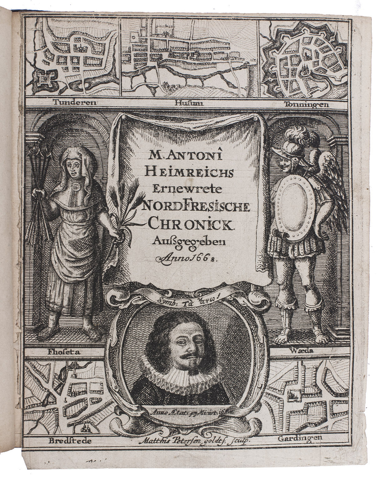 HEIMREICH, Anton. - Ernewerte Nordfresische Chronick, darin die Beschreibung derer dem Schlewigischen Hertzogthum incorporirten Freschen Landschafften, ... Schleswig, Johann Holwein for the author, 1668. 4to. Engraved frontispiece (incorporating 5 town plans and a portrait of the author), engraved folding map of North Friesland (at a scale of about 1: 450,000) dated 1668, and a folding letterpress genealogical table. 18th-century mottled calf, gold-tooled spine and board edges. Rebacked, preserving the original backstrip.