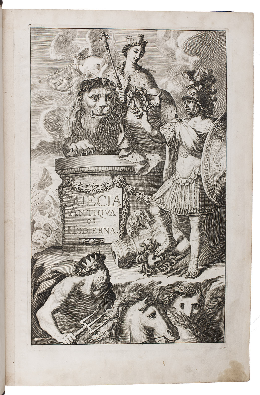[DAHLBERG, Erik]. - Suecia antiqua et hodierna.[Stockholm, 1769? (engraved ca. 1670-ca. 1750)]. 3 parts in 1 volume. Folio. With 355 engraved plates (including 3 engraved title-pages and the large view of the Swedish Church in London, often lacking); most plates double-page, several folding. Only the index is printed letterpress. Contemporary mottled calf, richly gold-tooled spine. In a modern slipcase.