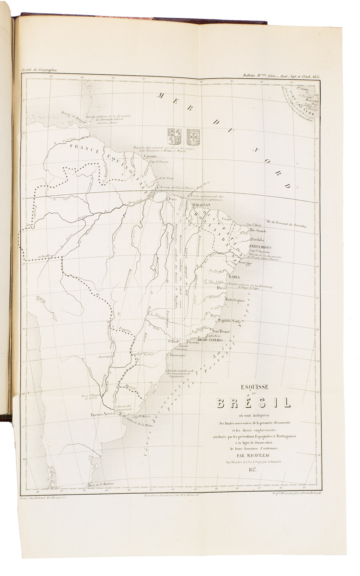 AVEZAC-MACAYA, Armand D'. - Considrations gographiques sur l'histoire du Brsil. Examen critique d'une nouvelle histoire gnrale du Brsil recemment publie en portugais a Madrid par M. Franois-Adolphe de Varnhagen charg d'affaires du Brsil en Espagne. Rapport fait  la socit de gographie de Paris dans ses sances des 1er Mai et 5 Juin 1857.Paris, L. Marinet, 1857. 8vo. With 2 folding maps. Modern gold-tooled red half morocco, marbled boards, preserving the printed wrappers.