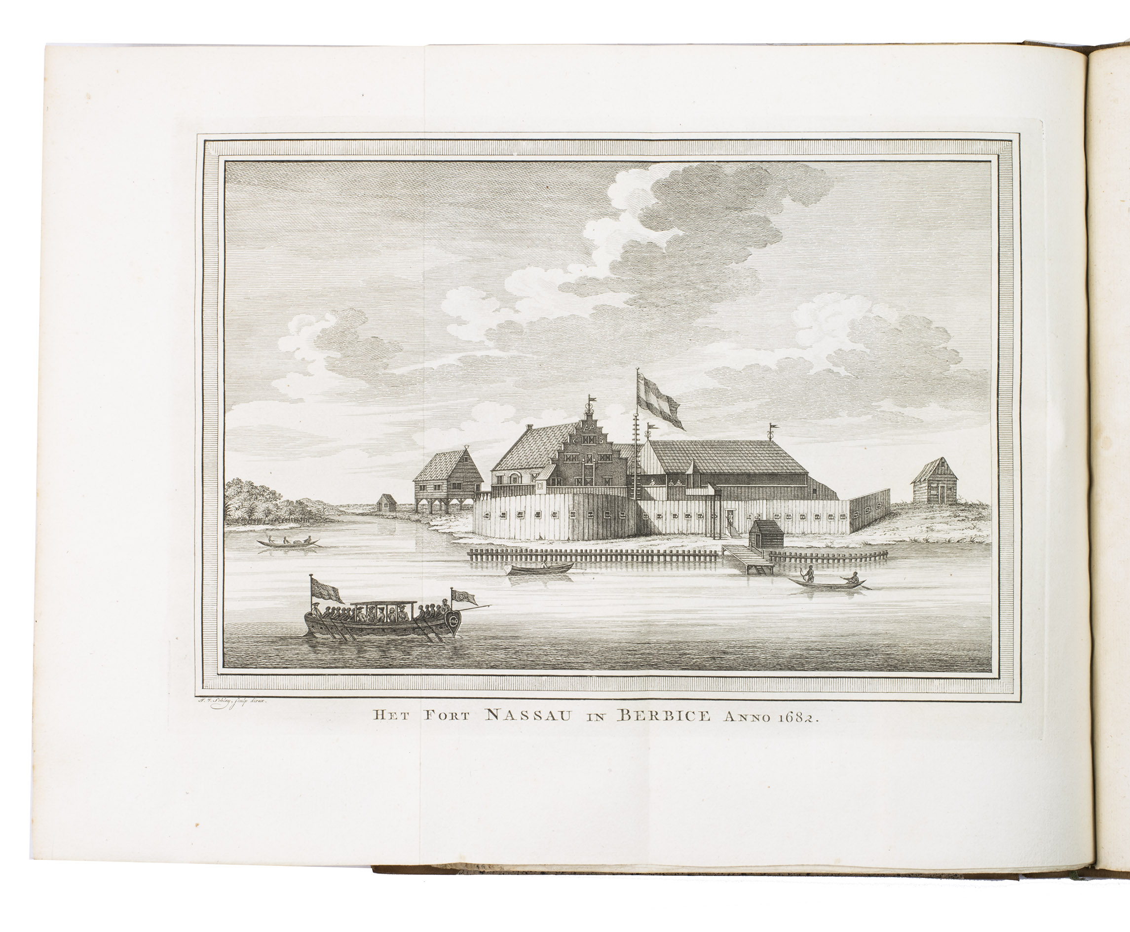 HARTSINCK, Jan Jacob. - Beschryving van Guiana, of de wilde kust, in Zuid-America ...Amsterdam, Gerrit Tielenburg, 1770. 2 volumes. 4to. With 6 engraved folding maps and plans, 6 engraved full page plates, and 2 engraved folding views, 1 engraving in text. Contemporary three quarter calf, black speckled light brown paper sides, richly gold-tooled spines with a red morocco title label and an oval green morocco volume label, both lettered in gold.