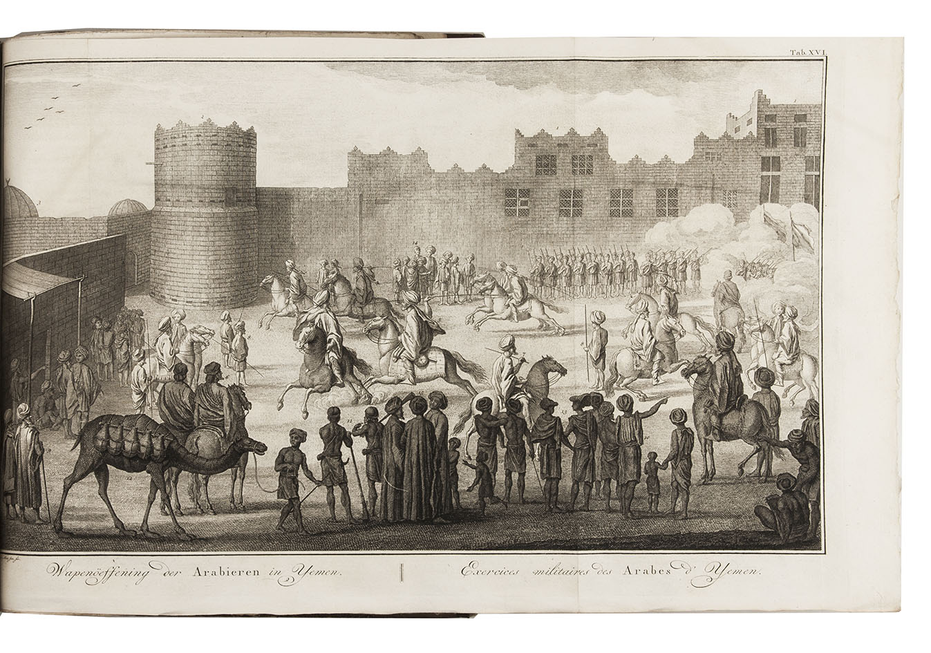 NIEBUHR, Carsten. - Beschryving van Arabie. Amsterdam, Steven Jacobus Baalde; Utrecht, Johannes van Schoonhoven & comp. (colophon: printed by Johan Joseph Besseling, Utrecht), 1774. With engraved title-page and 25 engraved plates, including 7 folding showing 1 view of military exercises, 2 Kufic inscriptions (coloured by hand) and 4 maps. The unnumbered map of Yemen (plate size 58.5 x 39 cm) is coloured by hand in outline. With: (2) NIEBUHR, Carsten. Reize naar Arabi en andere omliggende landen.Amsterdam, Steven Jacobus Baalde; Utrecht, Johannes van Schoonhoven & comp. (colophons: printed by Johan Joseph Besseling, Utrecht), 1776-1780. With 2 engraved title-pages and 125 engraved plates (38 folding). 2 works in 3 volumes. Large 4to (28.5 x 22.5 cm). Contemporary sprinkled and polished half calf. Untrimmed.