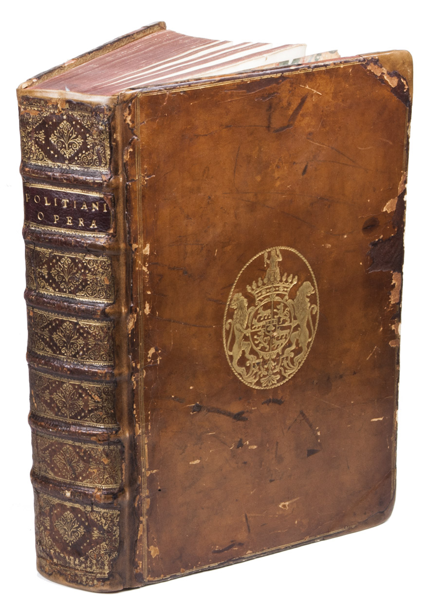 POLIZIANO, Angelo. - Omnia opera Angeli Politiani, et alia quaedam lectu digna, quorum nomina in sequenti indice vedere licet.Venice, Aldus Manutius, 1498. Folio. Early 18th-century (?) polished calf, spine richly gilt in compartments with red morocco title label, both sides with triple gilt fillets along the edges and large gilt oval coat-of-arms in the centre, inner dentelles, marbled endpapers. The coat of arms is of Henri-Louis Lomnie, comte de Brienne (1658-1743), son of Louis Henry Lomnie de Brienne.