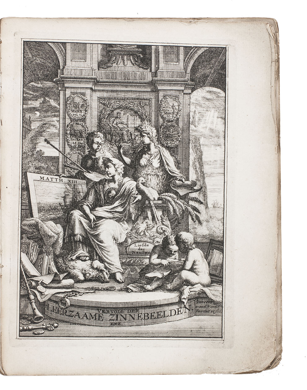 SPINNIKER, Adriaan. - Vervolg der leerzaame zinnebeelden, spiegel der boetvaardigheid en genade en eenige stichtelyke gezangen.Haarlem, Jan Bosch, 1758. 2 parts in 1 volume. 4to. With engraved frontispiece, engraving on title-page, 30 engraved emblems in text (ca. 10 x 12.5 cm) by Vincent vander Vinne in the first part, and 4 engraved emblems in text (10 x 12.5 cm) by Jan Caspar Philips in the second part. Contemporary marbled wrappers.