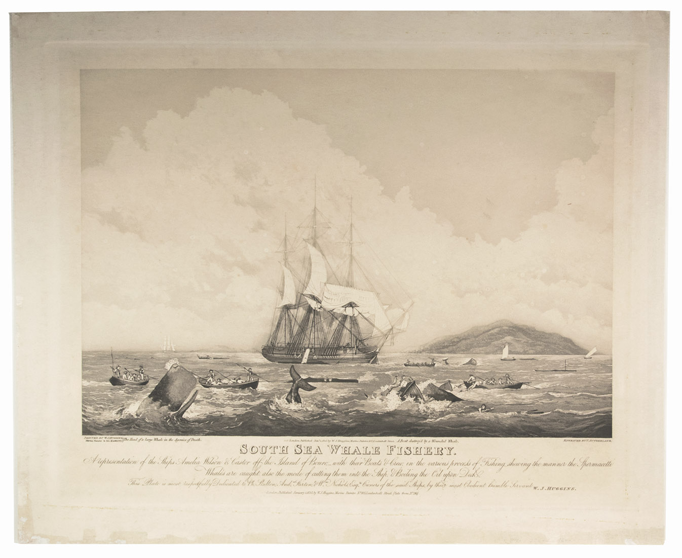 HIGGINS, William John. - South Sea whale fishery. A representation of the ships Amelia Wilson & Castor off the Island of Bouro - with their boats & crew in the various process of fishing, shewing the manner the spermacetti whales are caught, also the method of cutting them into the ship, & boiling the oil upon deck.London, W.J. Huggins, January 1, 1825. Aquatint (plate size: 44 x 56.5 cm), printed on unwatermarked wove paper (50.5 x 61.5 cm).