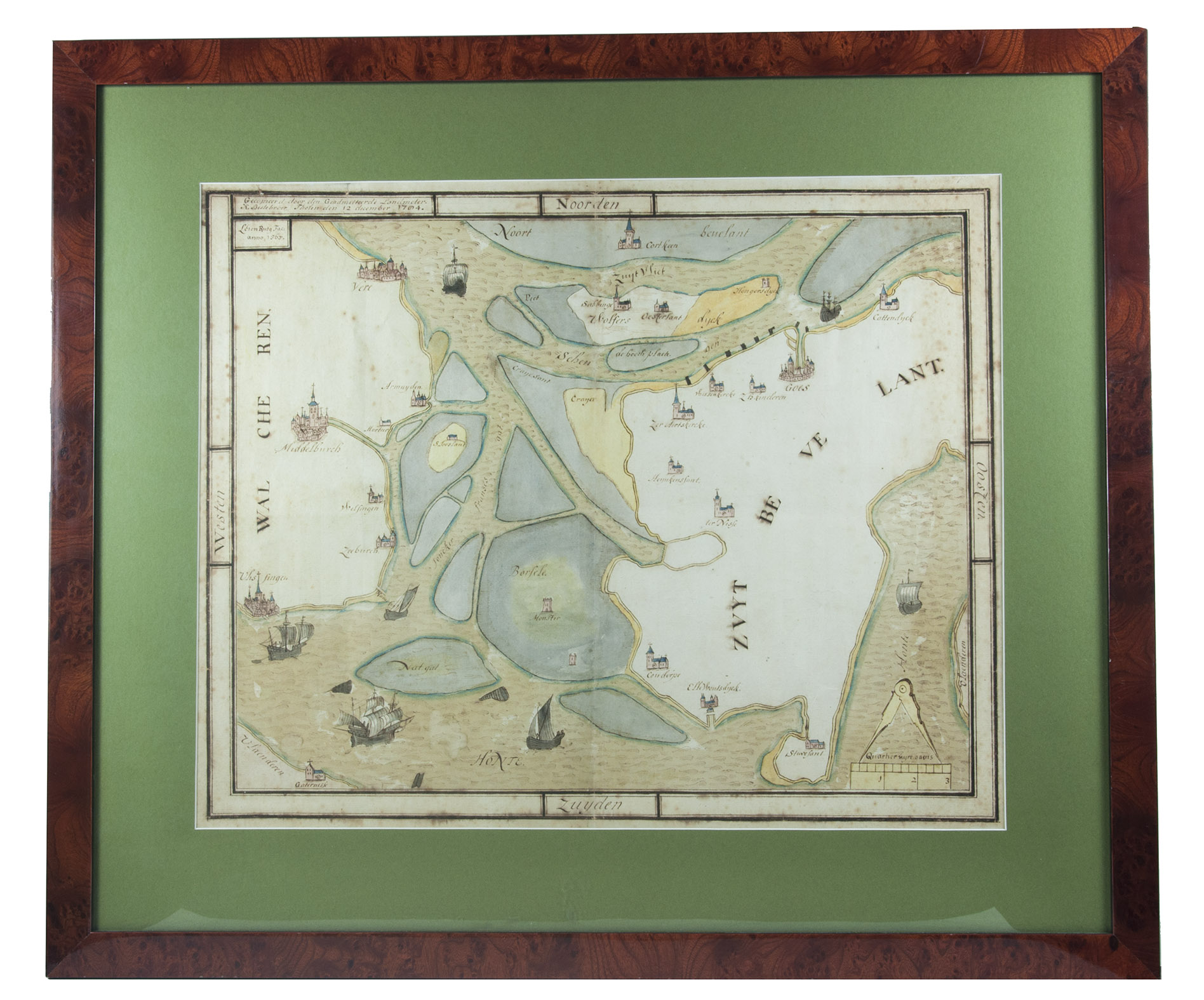 [MAP - NETHERLANDS - ZEELAND]. RUYTE, Lieven. - [Walcheren ... Zuyt Bevelant].Tholen, Korstiaen Bestebroer, 1784. Map: 42 x 52.5 cm (frame: 61 x 71.5 cm). Manuscript map in ink and watercolour on paper (map image 37 x 47 cm) at a scale of about 1:55,000 with north at the top. Framed.