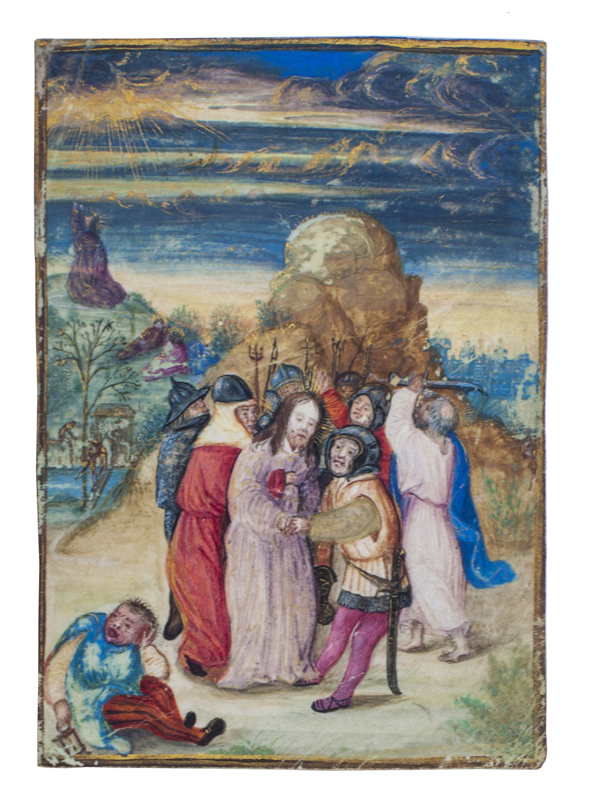 [MINIATURE - GERMAN]. - [The Arrest of Christ].[Flanders (Bruges?), or Nrnberg, ca. 1520]. Miniature painted on vellum (7.8 x 5.6 cm) in numerous colours, highlighted with gold and in a gold border, probably from a book of hours, but with no text.