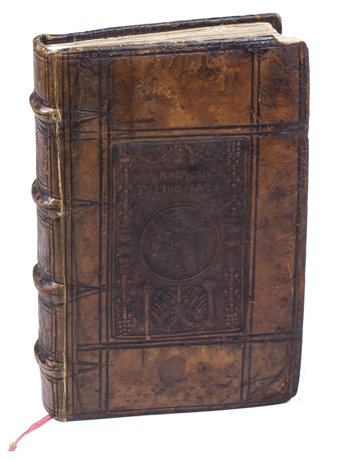 VOLDER, Willem de (Guilielmus GNAPHEUS). - Acolastus. De filio prodigo comoedia Acolasti titulo inscripta.Antwerp, Martinus de Keyser for Willem Vorsterman, March 1535. With title in a 4-piece architectural woodcut border. With:(2) PLAISIER, Jean le (Johannes PLACENTIUS). Susanna. Eusebii Candidi Elegia, in vanam brevemque humanae vitae gloriolam. Item Ode Sappica eiusdem Eusebii, in mortis recordationem. Item Plausus luctificae mortis ad modum dialogi, expemporaliter ab eodem Eusebio lusus.(Colophon: Antwerp, Willem Vorsterman), 1536. With title in a woodcut border.(3) CRÔCUS, Cornelius. Comoedia sacra, cui titulus Joseph, ad Christianae iuventutis institutionem iuxta locos inventionis, veteremque artem, nunc primum & scripta & edita.Antwerp, Joannes Steelsius, 1537 (colophon: printed by Joannes Graphaeus). With a woodcut decoration on the title-page and Steelsius's woodcut device on the last page.(4) PLAUTUS. Aulularia Plautina, comoediarum lepidissima. Quae etsi alias incomplete, à Codro Urceo, & Martino Dorpio tamen est perfecta. Cum familiari explanatione. Index dictionum hic insertarum, in calce est additus.Antwerp, Michiel Hillen van Hoochstraten, 1531. With title in a 4-piece woodcut border.(5) LUCIANUS Samosatensis. Dialogi aliquot, per D. Erasmi versi, ac à Nicolao Buscoducensi, succinctis pariter & eruditis scholiis explanati, recens per eundem diligenter recogniti.(Colophon: Antwerp, Michiel Hillen van Hoochstraten, August 1533). With Hillen van Hoochstraten's device on the last page.(6) SCHOTTEN(NIUS), Hermann(us). Vita honesta, sive virtutis: quomodo quisque vivere debeat, omni aetate, omni tempore, & quotlibet loco, erga Deum & homines. Cui novissime adiecimus Institutionem Christiani hominis, per Adrianum Barlandum Aphorismis digestam. Omnia multo quam antehac emendatiora.Antwerp, Joannes Steelsius, 1538 (colophon: printed by Joannes Graphaeus). (7) ERASMUS, Desiderius.De civilitate morum puerilium ... libellus ab autore recognitus, & novis scholiis illustratus per Gisbertum Longolium Ultratraiectinum.Antwerp, Willem Vorsterman, 1533. Title in a 4-piece woodcut border.7 works in one volume. Small 8vo (16 x 10.5 cm). Contemporary (ca. 1538) Antwerp panel-stamped calf, each side with the same panel stamp (85 x 55 mm), showing a roundel with a half length portrait of the then reigning Holy Roman Emperor Charles V, the Imperial double-headed eagle stands above the roundel between two small columns and Charles's motto below the roundel (