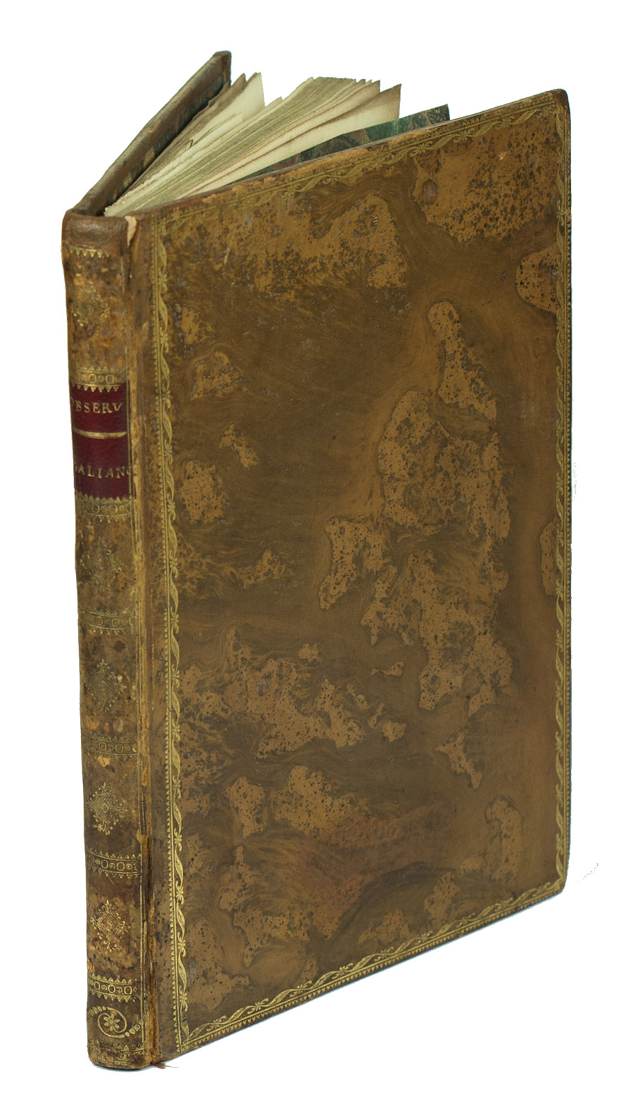 GALIANO, Dionisio Alcal. - Memoria sobre las observaciones de latitud y longitud en el mar. [Madrid], widow of Joaquin Ibarra, 1796. Narrow 4to (20.5 x 14 cm). With a woodcut crowned cypher monogram (of a Spanish Duke?) on the title-page and 7 folding leaves containing 13 numbered letterpress tables. Early 19th-century gold-tooled tree calf.
