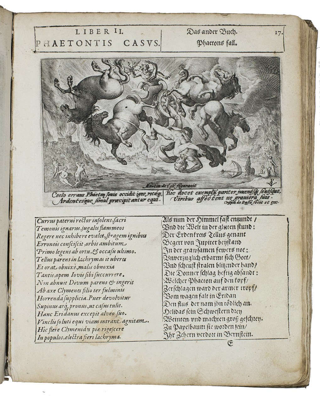 PASSE, Crispijn de. - OVID. - P. Ovid. Nasonis XV. Metamorphoseon librorum figurae elegantissime a Cr[i]spiano Passaeo laminis aeneis incisae. Quibus subiuncta sunt epigrammata Latine ac Germanice conscripta ... autore Guilhelmo Salsmanno.Cologne, Crispijn de Passe I; Arnhem, Jan Jansz., 1607. 4to. With an engraved title-page (15 x 12.5 cm) and 2 unnumbered and 132 numbered engravings (ca. 8.5 x 13.5 cm) by Crispijn de Passe I. Contemporary vellum.
