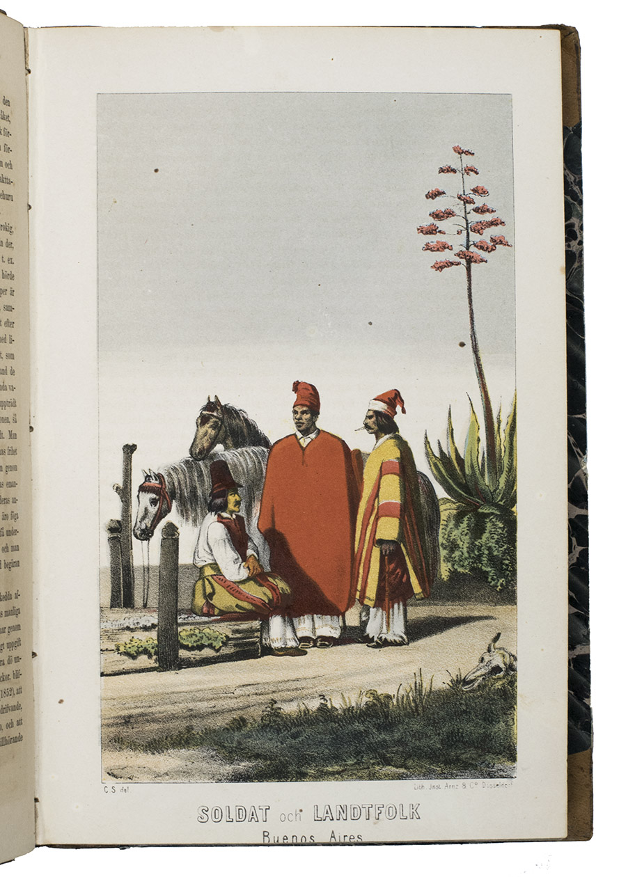 SKOGMAN, Carl Johan Alfred. - Fregatten Eugenies Resa Omkring Jorden, ren 1851-1853, under befl af C.A. Virgin.Stockholm, Adolf Bonnier, [1855]. 2 volumes. 8vo. With 3 folding tinted lithographed maps, 26 plates (6 full-page wood-engravings, 20 full-page chromo-lithograps) 18 wood-engraved illustrations in text. Contemporary three quarter calf with gilt lettering on spine, marbled covers.