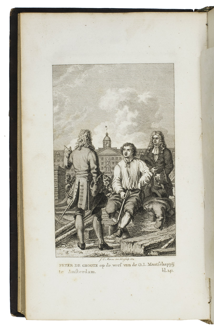 SCHELTEMA, Jacobus. - Peter de Groote, keizer van Rusland in Holland en Zaandam in 1697 en 1717.Amsterdam, Hendrik Gartman, 1814. 2 volumes. 8vo. With 2 engraved title-pages showing a portrait of Peter the Great, 1 letterpress title-page and 2 half-titles, and 3 engraved plates. Mid-19th-century tree calf, each board with a gold-tooled fillets, gold-tooled spine and board edges, antique spot marbled endpapers, green ribbon markers.