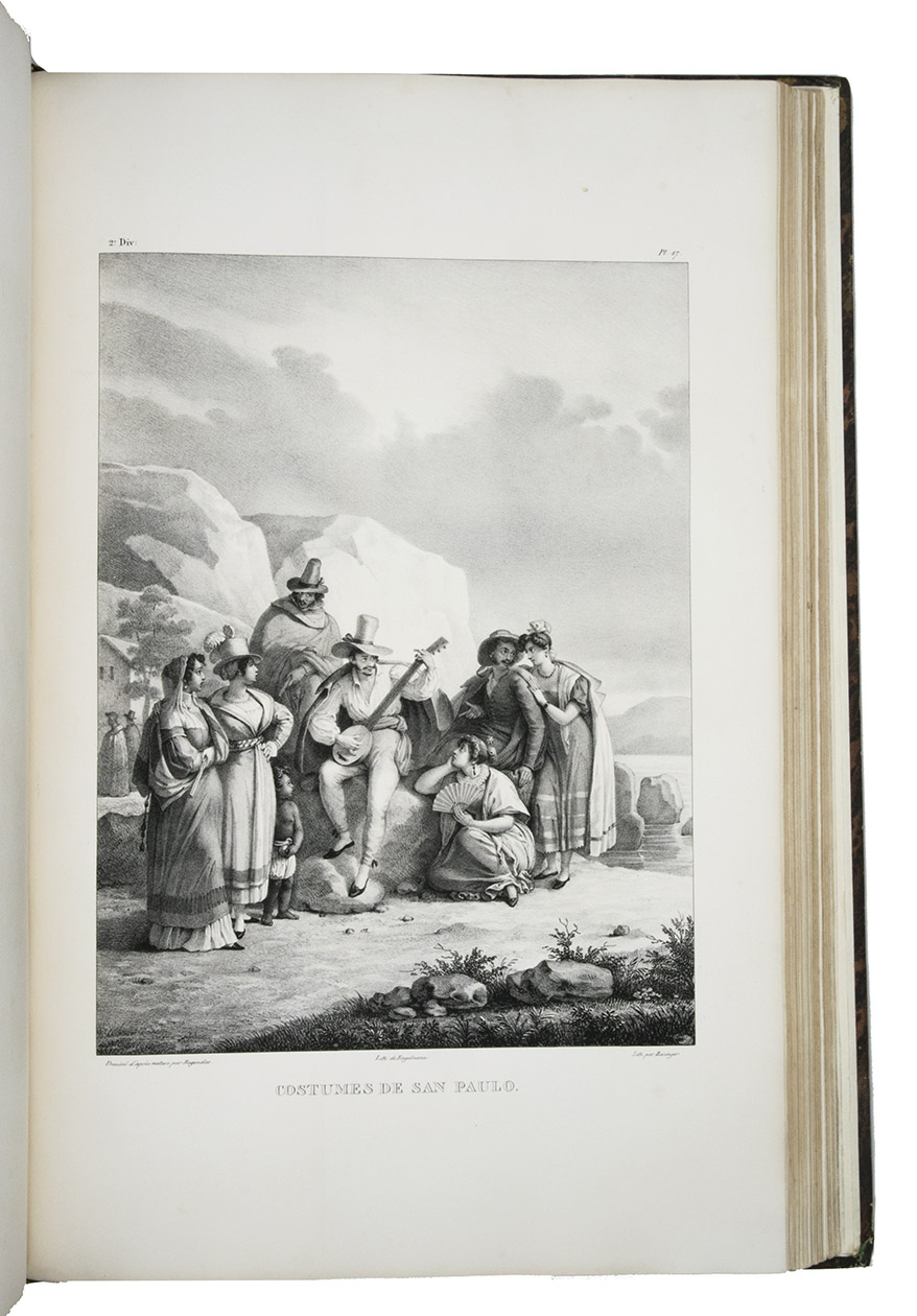 RUGENDAS, Johann Moritz. - Voyage pittoresque dans le Bresil ... Traduit de l'Allemand par Mr. de Golbery. Paris, Engelmann & Cie., 1835. 4 parts in 1 volume. Imperial folio (54 x 36 cm). With lithographed half-title and title-page showing a wide variety of decorative lettering, 100 full-page lithographed plates by V. Adam, Villeneuve, Bonnington, A. Joly and others after Rugendas, numbered in 4 parts (30, 20, 30, 20). Contemporary half red sheepskin, gold-tooled spine.