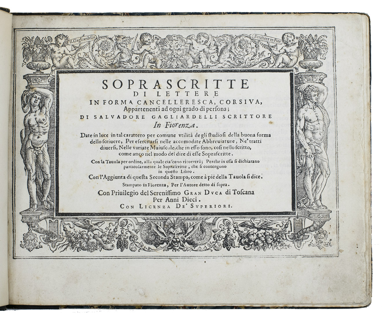 GAGLIARDELLI, Salvadore. - Soprascritte di lettere in forma cancelleresca, corsiva, appartenenti ad ogni grado di persona; date in luce in tal carattero per commune utilit degli studiosi della buona forma dello scrivere, ... Con l'aggiunta di questa seconda stampa, come  pi della tavola si dice.Florence, for the author, [1583]. Oblong 4to (20.5 x 25.5 cm). With the title in an elaborate 4-piece woodcut border. 19th-century blue half calf.