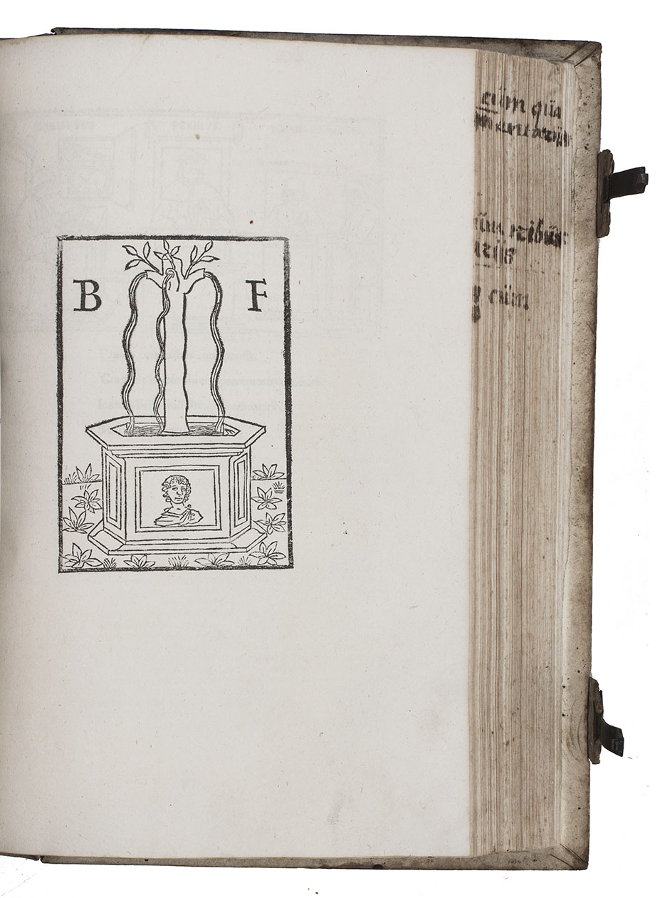HORACE. - [Opera] cum quattor commentarijs.Venice, printed by Philippus Pincius for Benedictus Fontana, 1495-1496. With large woodcut printer's device on last leaf, and numerous woodcut initials.  With:(2) PERSIUS. [Opera] cum tribus commentariis.Venice, Giovanni Tacuino de Tridino, 4 November 1499. With woodcut printer's device on verso of penultimate leaf, and fine woodcut on title-page. (3) JUVENALIS. [Opera] cum commento Ioannus Britannici.Reggio Emilia, Francesco de Mazalibus, 1503. With fine woodcut at the head of text, and some woodcut initials. 3 works in 1 volume. Folio. Contemporary blind-tooled vellum over wooden boards with 2 brass clasps.
