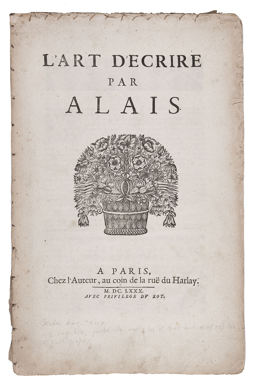 ALLAIS, Jean Baptiste. - L'art d'ecrire.Paris, chez l'auteur, 1680. Folio. With engraved calligraphic title-page and 18 (of 23) engraved leaves with calligraphic writing samples and illustrations, all engraved by Louis Senault. Disbound, sewn on top.