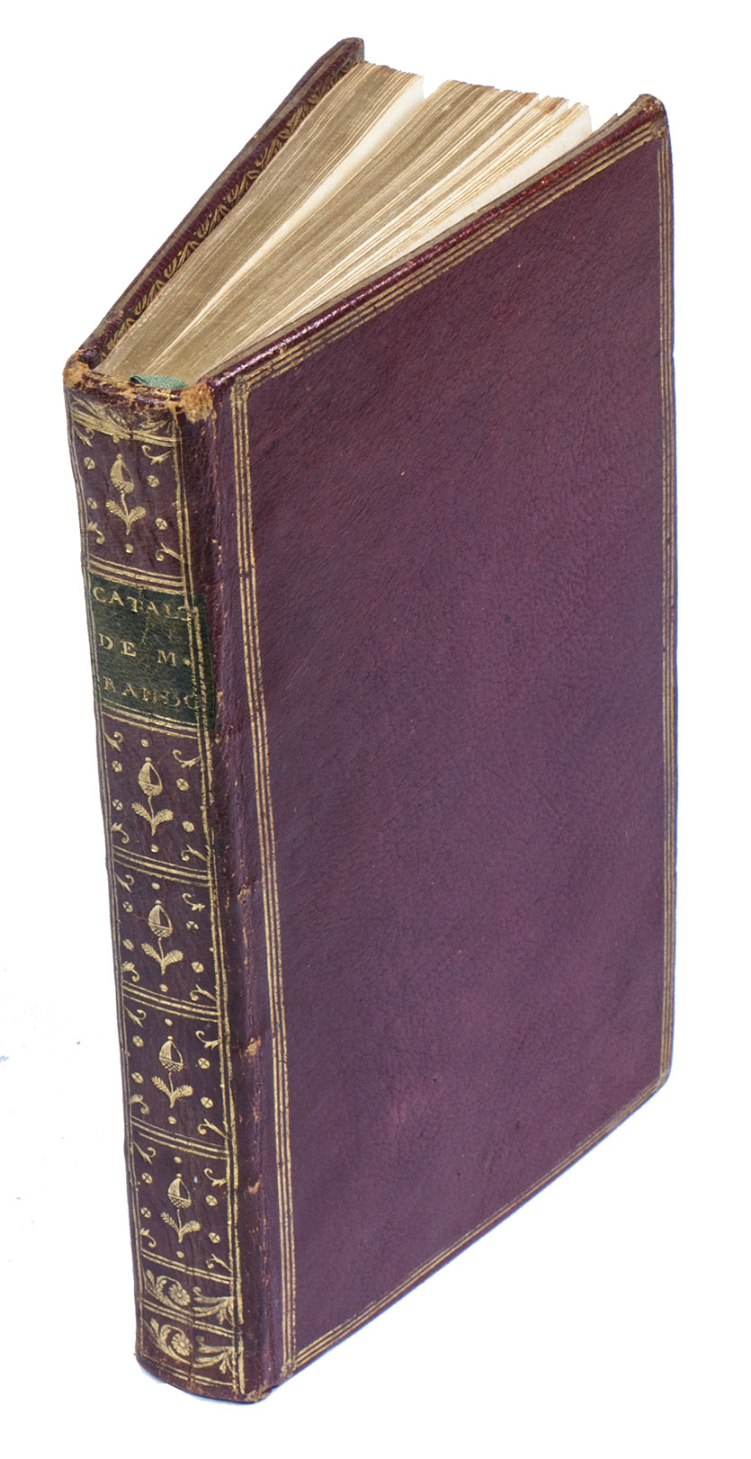 [RANDON DE BOISSET, Pierre Louis Paul]. - Catalogue des tableaux & desseins prcieux des matres clebres des trois coles, figures marbres, de bronze & de terre cuite, estampes en feuilles & autres objets du cabinet de feu M. Randon de Boisset, receveur gneral des finances.  On a joint  ce catalogue celui des vases, colonnes de marbres, porcelaines, des laques, des meubles de boule & d'autres effets prcieux, par C.F. Julliot. La vente se fera le jeudi 27 fvrier 1777 ... Vndome.Paris, London, Amsterdam, Brussels, 1777. 2 parts in 1 volume. 12mo. Contemporary red morocco, richly gold-tooled spine and turn-ins, gold fillets on boards and board edges, gilt edges.