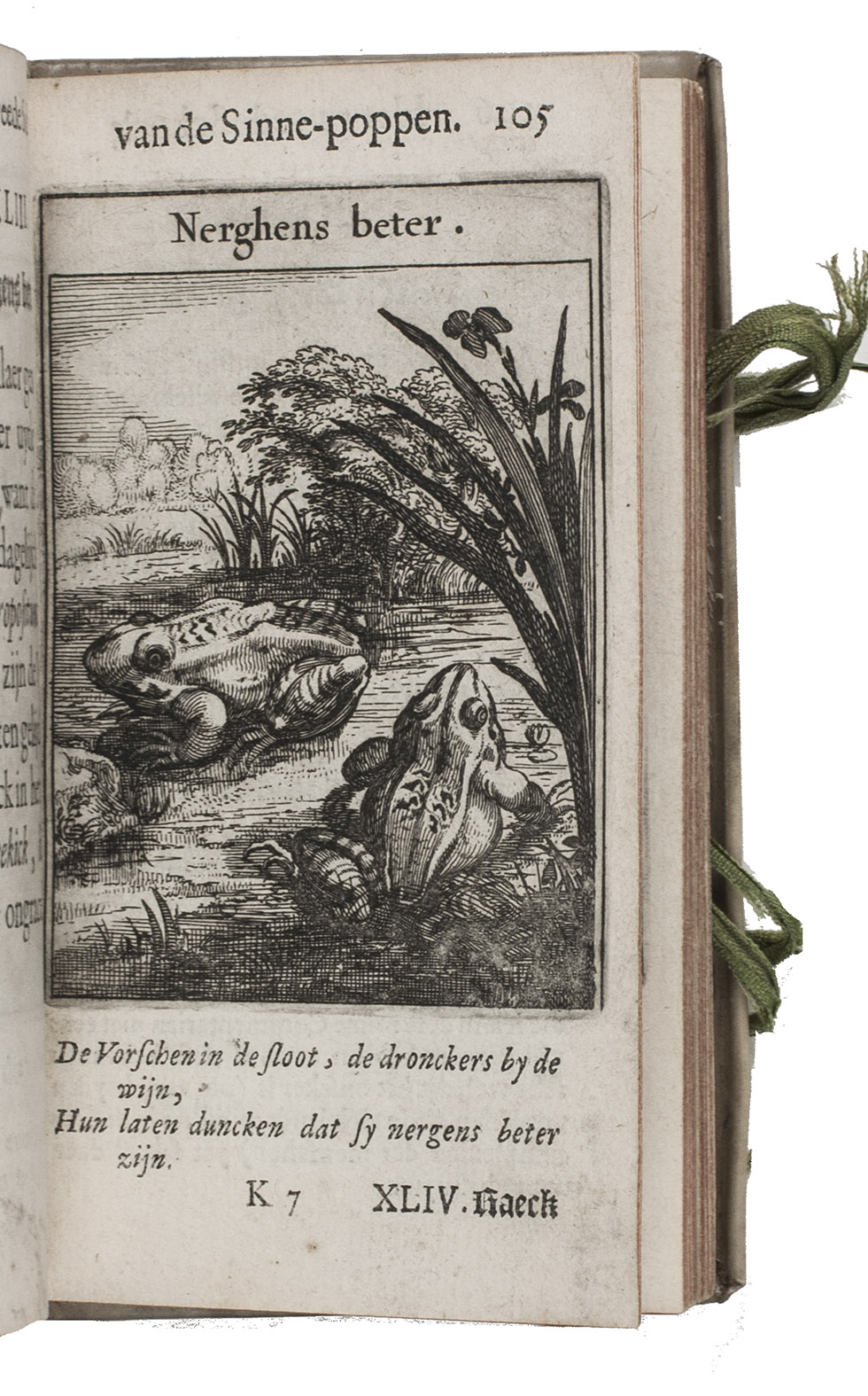VISSCHER, Roemer. - Zinne-poppen; alle verciert met rijmen, en sommighe met proze: door zijn dochter Anna Roemers.Amsterdam, Johannes van Ravesteyn, 1669. 12mo. With engraved emblematic title-page, an emblem on the back of A5, and 193 engraved emblems by Claes Jansz. Visscher, in text. With 2 engraved emblems pasted on first blanks (including a repeat of the emblem on A5). Contemporary vellum, green ties.