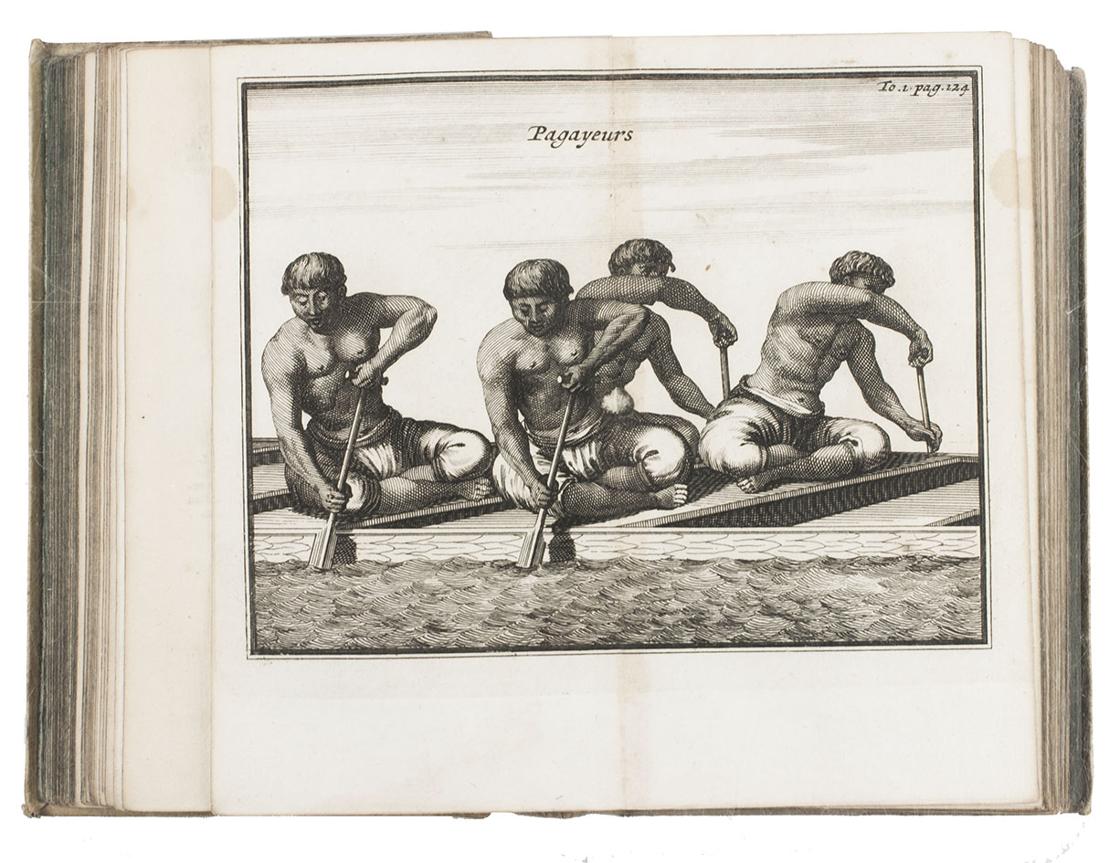 LOUBRE, Simon de la. - Du Royaume de Siam. Amsterdam, Abraham Wolfgang, 1691. 2 volumes bound as 1. 12mo. With the same woodcut printer's device on both title-pages, 2 folding engraved maps, 17 double-page engraved plates with printed music, Siamese alphabets, inhabitants etc., 21 full-page engraved plates, engraved headpiece and several woodcut illustrations in text. Contemporary vellum.