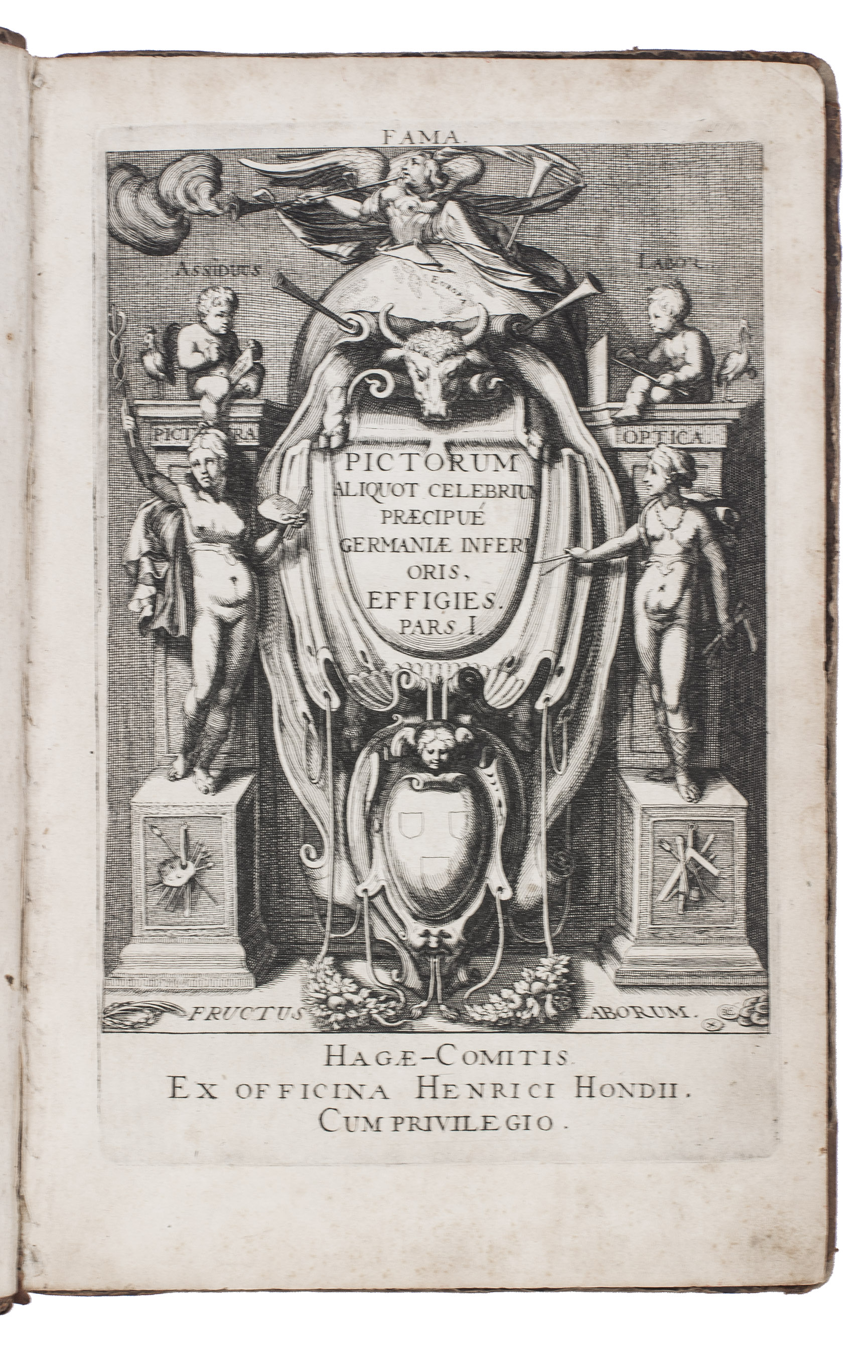HONDIUS, Hendrik (& Simon FRISIUS, Andries STOCK and Robert de BAUDOUS). - Pictorum aliquot celebrium praecipu Germaniae Inferioris, effigies. Pars I.The Hague, Henricus Hondius, [ca. 1610]. Folio. An engraved print series with an architectural title-page with allegorical figures, 41 engraved portraits (20 x 12 cm) by Hendrik Hondius (9), Robert de Baudous (4), Simon Frisius (23) and Andries Stock (5); and an allegorical closing print (a skeleton holding an hour glass and an arrow, not in the copy on Google Books). The three plates outside the portraits are all by Hendrick Hondius. With an extra added portrait of Hendrick Hondius, engraved by Fredericus Boultats after a drawing by Hondius himself (16.5 x 11 cm; mounted on a blank leaf). Contemporary half calf, brown sprinkled paper sides.