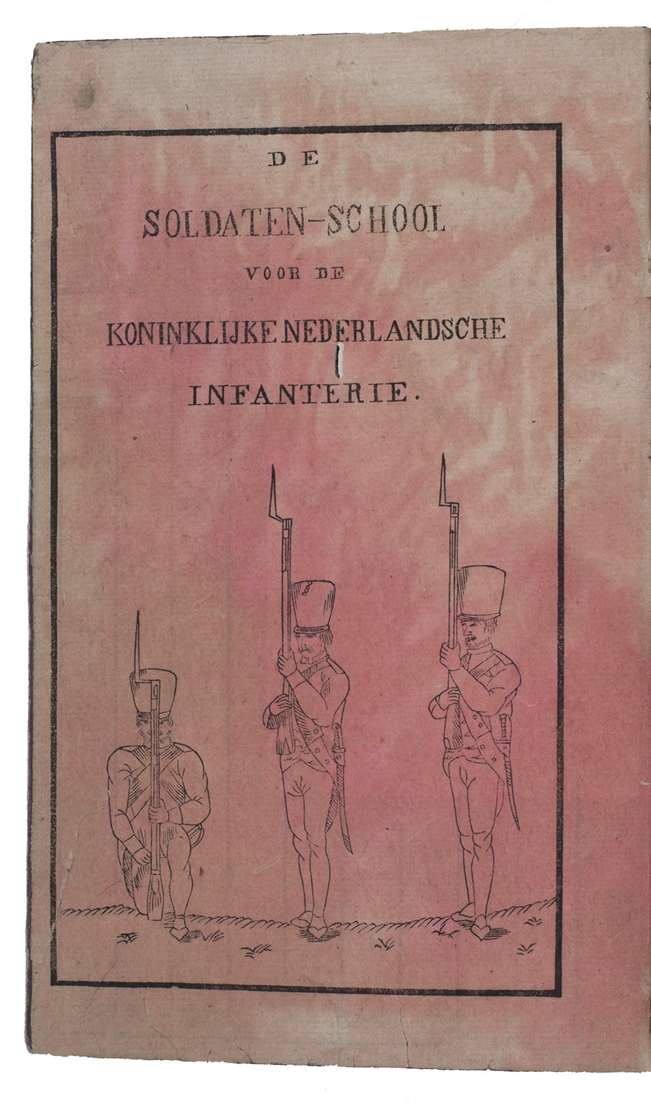 [MILITARIA - JAPAN]. - De soldaten-school voor de Koninklijke Nederlandsche infanterie.[copy imprint:] The Hague & Amsterdam, Gebroeders van Cleef, 1833 (last leaf: Tokyo, Juij Masuda, 1856). 8vo. Printed from woodblocks on Japanese paper in the traditional Japanese manner on the outside of double leaves with the fold at the fore-edge. With woodcut Japanese text on the half title and last leaf. With an illustrated title-page printed on paper which has been dyed red, facing the half-title, showing three soldiers. Contemporary Japanese brown paper covers, side stitched and oversewn through 4 holes (near the head and near the foot and 2 holes between them). In a modern Japanese gold brocade cloth chitsu (folding case) with 2 bone fastenings and a brown paper label.