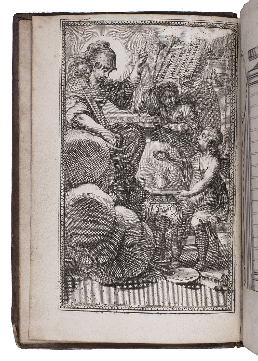 BOSSE, Abraham. - Differentes manieres de dessiner et peindre.[Paris, Abraham Bosse, engraved 1667?]. 8vo (17.5 x 12 cm). With engraved allegorical title-print and 45 full-page and 1 double-page (ca. 16.5 x 15 cm) engraved plates. With:(2) FARINATI, Paulo. Diverses figures a l'eau forte de petits amours, anges vollants, et enfans, propre a mettre sur frontons portes et autres lieux ensemble plusieurs sortes de masques.Paris, Abraham Bosse, engraved 1644. Suite of 30 numbered double-page engraved prints, including the engraved title-print signed by Abraham Bosse.(3) [BOSSE Abraham]. [Illustrations of drawing and painting].[Paris, Abraham Bosse, engraved 1667?]. Suite of 4 full-page engravings of a draftsman (2) and a painter (2) at work, sometimes regarded as part of the Differentes manieres de dessiner et peindre.(4) BOSSE, Abraham. Le feu ... La terre ... L[']eau ... L[']air.[Paris, Abraham Bosse, engraved 1630?]. Suite of 4 double-page engravings of the four elements.(5) [BULLET, Pierre]. [Plates from Trait du nivellement].[Paris, N. Langlois, engraved 1688]. Complete suite of 11 double-page engraved plates, numbered [1a], [1b], 2-4, 6-11. Sprinkled calf (ca. 1700), richly gold-tooled spine, gold-tooled board edges.
