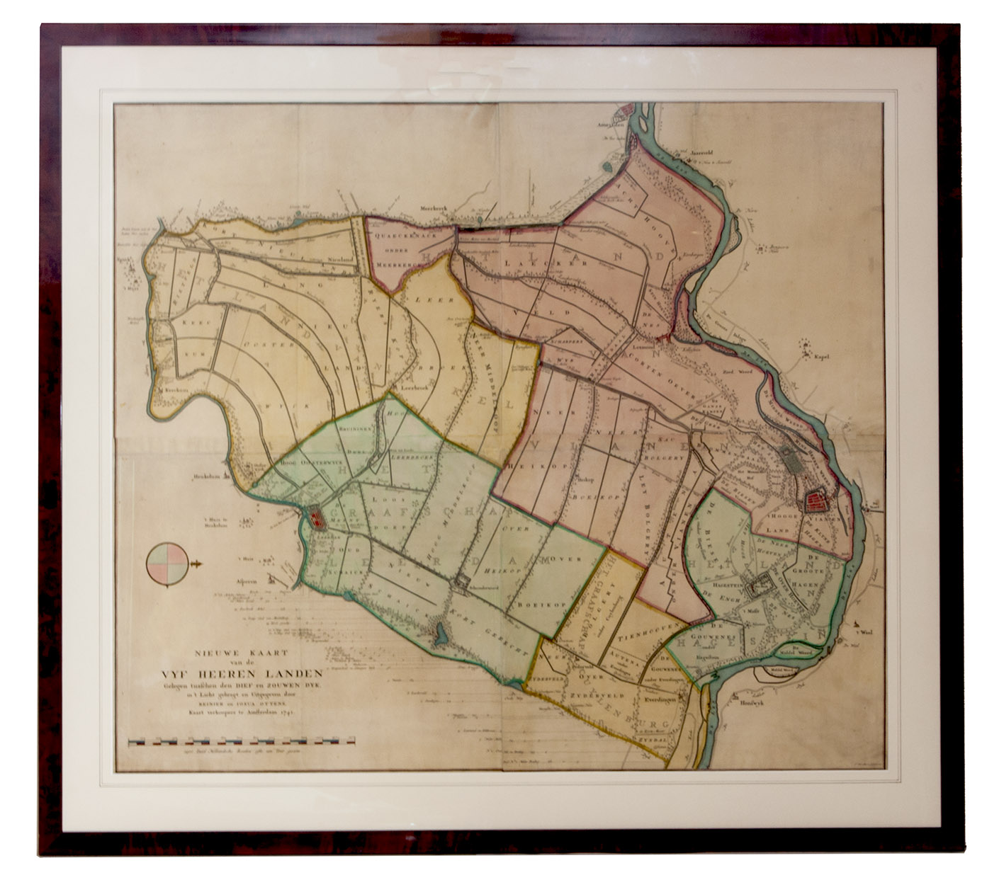 OTTENS, Reinier and Josua OTTENS. - Nieuwe kaart van de Vyf Heeren landen gelegen tusschen den Dief en Zouwen dyk.Amsterdam, Reinier and Josua Ottens, 1741. Engraved map on 4 sheets (85 x 98 cm as assembled), coloured by a contemporary hand. With the title and publisher at the foot left, together with a scale (ca. 1:19,000) and the name of the engraver at the right (Jan van Jagen). Framed.
