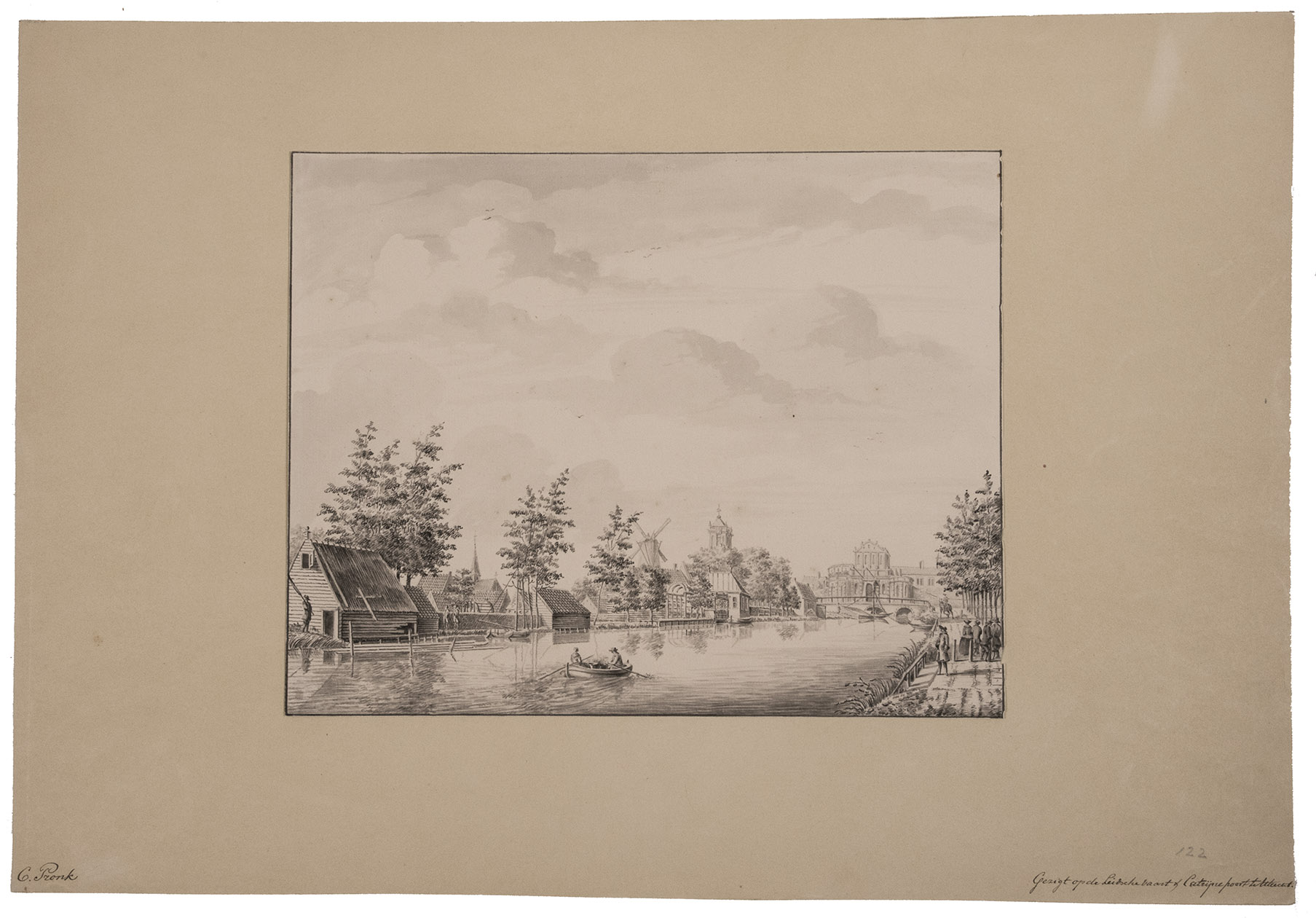 [UTRECHT]. PRONK, Cornelis. - Gezigt op de Leidschevaart & Catrijnepoort te Utrecht.[Utrecht, ca. 1730]. 23 x 29 cm. Washed pen and ink drawing on paper.