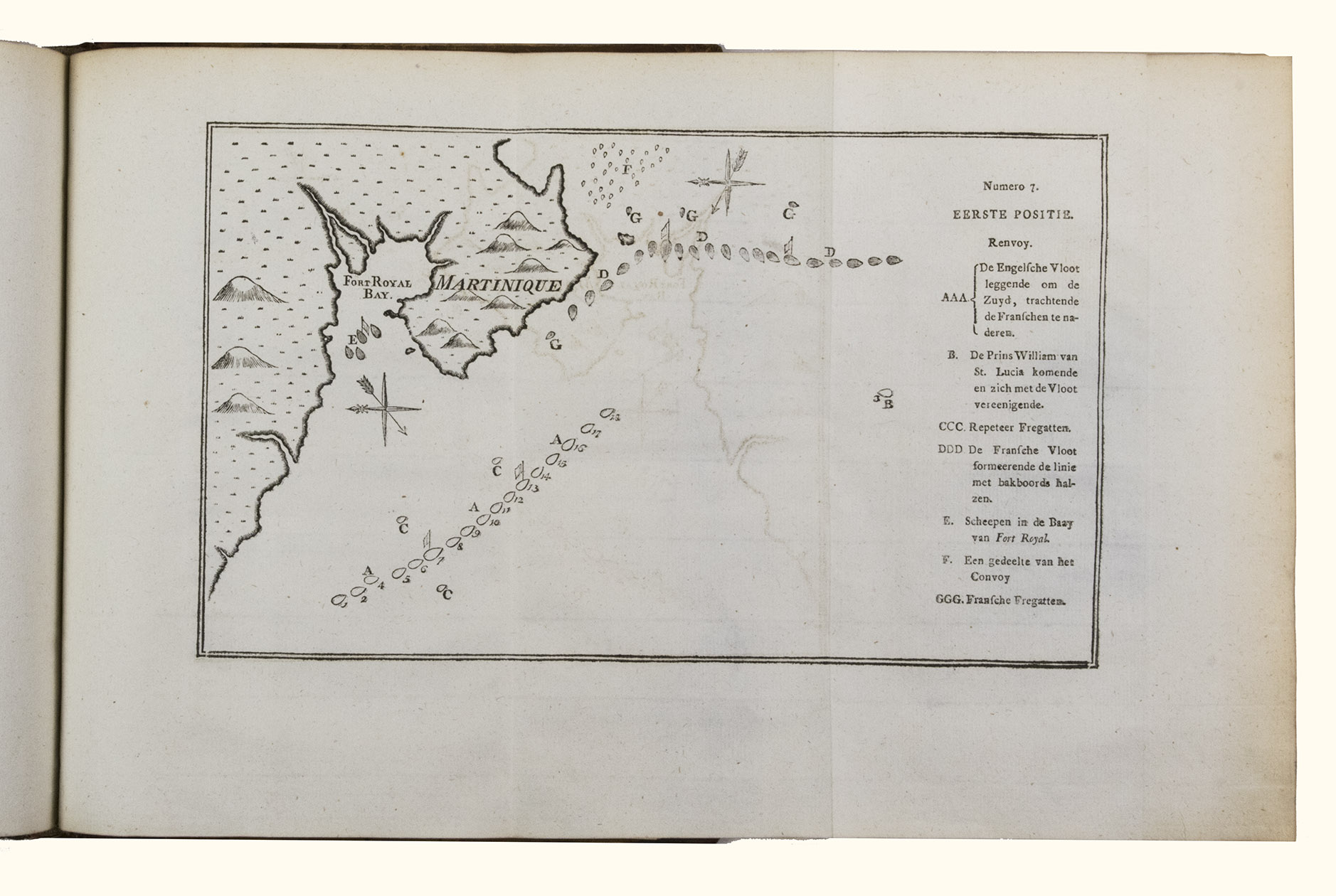 GRASSE-TILLY, Francois Joseph Paul de. - Memorie van den Graave de Grasse, betreffende de actien in de West-Indin voorgevallen.  [Amsterdam?, 1782]. With 8 large folding engraved nautical nautical charts. With:(2) [KINSBERGEN, Jan Hendrik van]. Korte schets over de noodzaaklykheid van de kennisse van het menschlyk hart voor een chef.Amsterdam, Gerard Hulst van Keulen, 1791.(3) [KINSBERGEN, Jan Hendrik van]. Korte verklaringe van verscheidene actin tusschen de Engelsche en Fransche vlooten, geduurende den laatsten oorlog. In de West-Indin voorgevallen.Amsterdam, Gerard Hulst van Keulen, 1791. With 21 folding engraved plates including nautical charts showing the French and English fleets near Grenada, Basseterre, Martinique, Guadeloupe, St. Kitts and Santo Domingo on Hispaniola. 3 works in 1 volume. Royal 4to (29 x 23.5 cm). Contemporary gold-tooled mottled calf.
