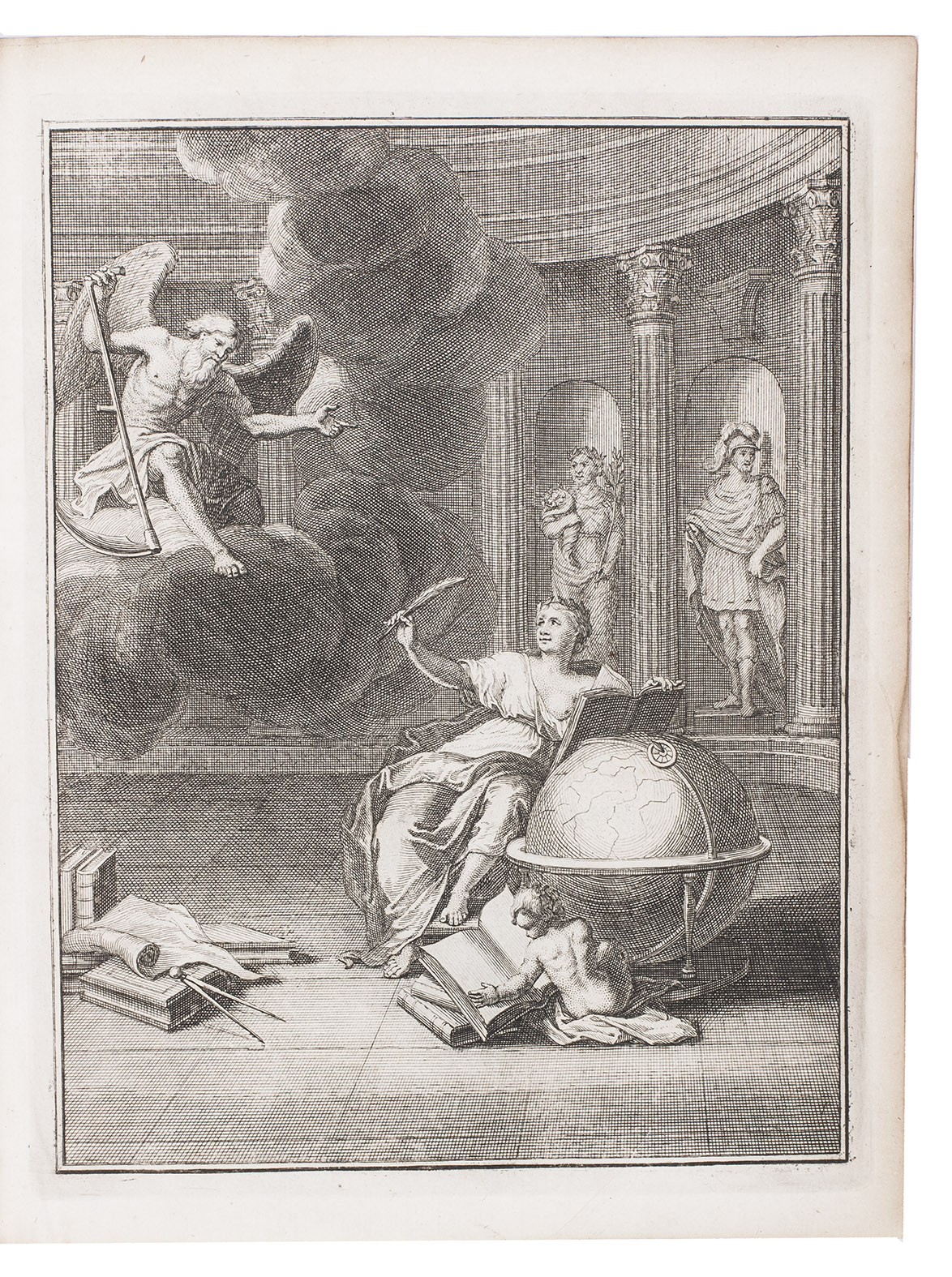 HBNER, Johann. - De nieuwe, vermeerderde en verbeterde kouranten-tolk, of zakelyk, historisch- en staatkundig woordenboek.Leiden, Samuel Luchtmans en Zoon, 1748. With engraved frontispiece and title-page printed in red and black.With: (2) HBNER, Johann and Arnold Heinrich WESTERHOFF. Algemeen kunstwoorden-boek der wetenschappen. . Leiden, Dirk Haak en Samuel Luchtmans, 1734. With engraved frontispiece and title-page printed in red and black. 2 works in 1 volume. 4to. Contemporary blind tooled vellum, with title in ink on spine.