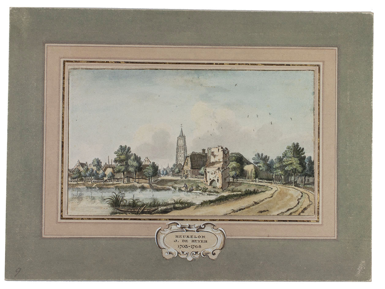 [HEUKELOM]. [BEIJER, Jan de]. - View of Heukelom.Heukelom, 8 August, 1750. 13 x 21.5 cm. Original watercolour highlighted with white.Detached from a 19th-century paperboard support with hand drawn decorative frame and cartouche with the title 