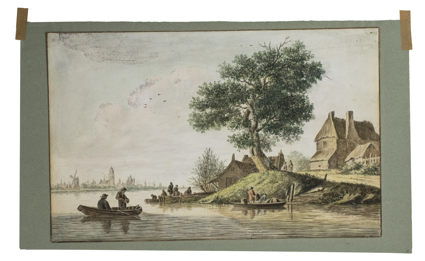 [BURG, Dirk van der (formerly attributed to Nicolaas WICART)]. - [View of Vianen across the river Lek with fishermen and their boats and houses in the foreground].[North bank of the Lek River, near Vianen], [Ca. 1760/70]. Oblong Elephant 4to or possibly cut down oblong whole sheet (1mo) (19.5 x 31 cm). Original watercolour view on laid paper, looking southwest across the river, with Vianen in the background on the opposite bank, and a tree, houses, 11 people (mostly fishermen) and 3 fishing boats in the foreground. Mounted with 2 paper hinges on green laid paper in a passe partout (35 x 50 cm).