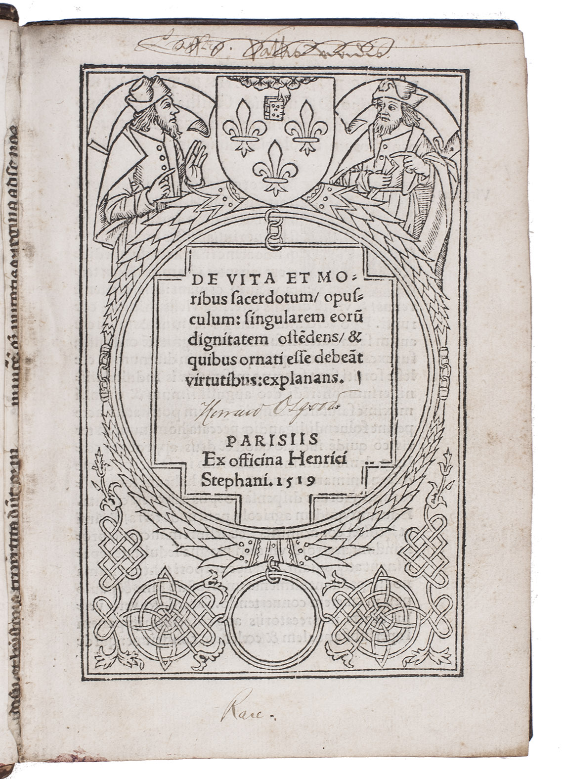 CLICHTOVE, Josse (Judocus CLICHTOVEUS). - De vita et moribus sacerdotum, opusculum: singularem eoru[m] dignitatem oste[n]dens, & quibus ornati esse debea[n]t virtutibus: explanans.Paris, Henri Estienne I, 1519 (colophon: 4 August). With woodcut title-page with the letterpress title and imprint in the central opening; further with about 21 woodcut initials (4 series, mostly cribl) plus about 4 repeats. With: (2) MARRE, Jean. Enchiridio[n] sacerdotale concinnatu[m] ad salutarem eruditionem Christifideliu[m] ab lo[n]ge revere[n]do in Christo patre d[omi]no Ioanne Mare Co[n]domien[sis]. episcopo. In quo haec sunt capita. ...[Paris], (colophon: Jodocus Badius Ascensius, 25 November 1519). With numerous woodcut decorated initials (4 series, the largest 45-47 mm. cribl initials). 2 works in 1 volume. 4to (20 x 14 cm). 16th-century blind- and gold-tooled calf, each board in a panel design, with the owner's name 