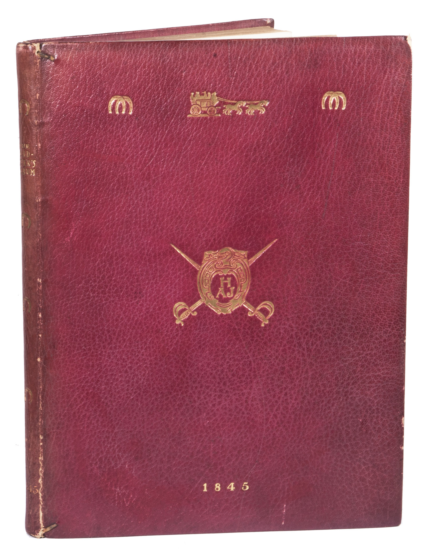 NEWHOUSE, Charles B. - The roadsters album.London, George Thomas Fores & Arthur Blcher Fores, 1845. Large folio (38 x 28.5 cm). With an extensively illustrated aquatint title-page, unsigned, but drawn by Henry Thomas Alken (1785-1851), and 16 aquatint plates drawn by Newhouse. Title-page and plates coloured in great detail by a contemporary hand in opaque gouaches and watercolours, and highlighted with shellac. Gold-tooled, red morocco for Henry Arthur Johnstone (ca. 1900), leather endleaves with Johnstone's 1899 blind-stamped ex-libris, top edge gilt.