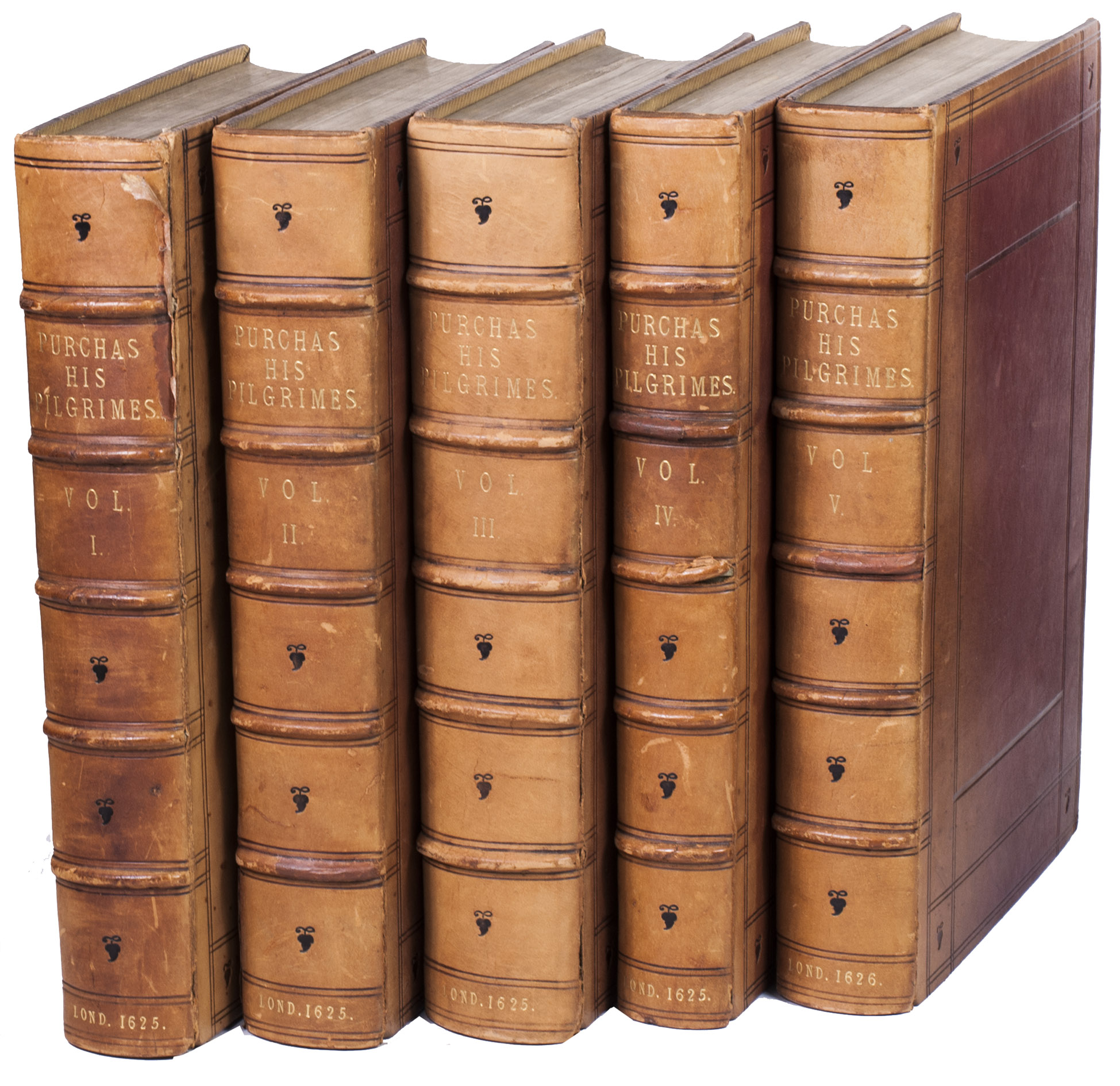 PURCHAS, Samuel. - Purchas his pilgrimes. In five bookes. ...London, printed by William Stansby for Henry Featherstone, 1625. With: (2) PURCHAS, Samuel. Purchas his pilgrimage ...London, printed by William Stansby for Henry Featherstone, 1626.2 works in 5 volumes, the first in 5 parts, 4 volumes and the second in 4 parts, 1 volume. Folio. Ad 1 with the engraved frontispiece, 5 folding engraved maps, 58 half-page engraved maps by Hondius, 2 full-page engraved plates (including 1 folding), 5 half-page engraved plates, and numerous woodcut illustrations. Further extra illustrated with 94 engravings taken from various late 16th- or early 17th-century travelogues: 1 engraved frontispiece, 1 title-page (with an engraved world map on recto and an engraved portrait of Jacob le Maire on verso), and 92 engraved maps or plates (including 48 half-page and 18 folding). Ad 2 with 1 folding engraved map of China, 1 half-page engraved illustration, and 23 half-page engraved maps by Hondius in the text. Uniform 19th-century black tooled brown morocco (by Hatton, Manchester), spines lettered in gold, gold-tooled turn-ins, marbled endpapers, gilt edges.