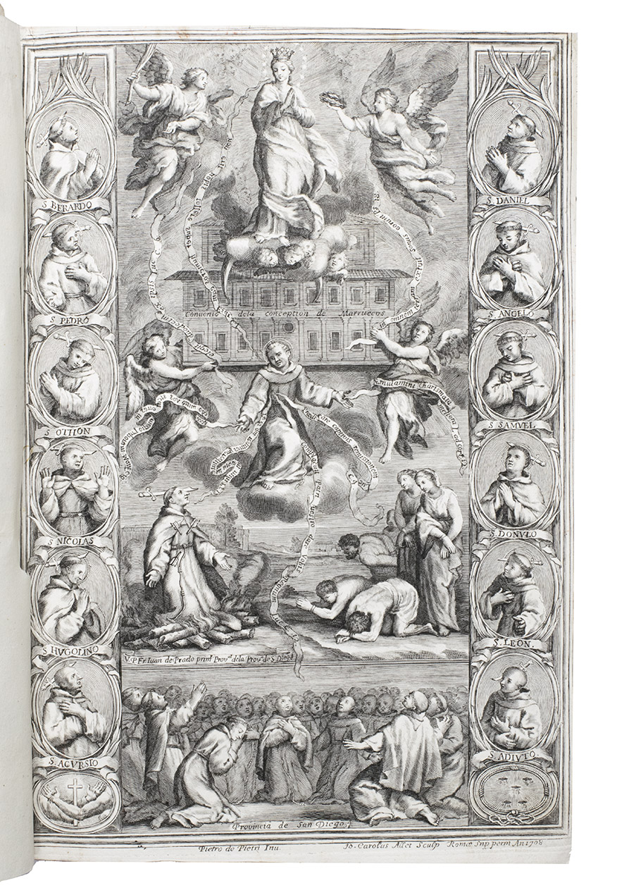SAN JUAN DEL PUERTO, Francisco de Jess Mara de. - Mission historial de Marruecos, en que se trata de los martirios, persecuciones, y trabajos, que han padecido los missionarios, y frutos que han cogido las missiones, que han cogido las missiones, que desde sus principios tuvo la Orden Seraphica en el Imperio de Marruecos, y contina La Provincia de San Diego de Franciscos descalos de Andalucia en el mismo Imperio. Sevilla, Francisco Garay, 1708. Folio. With engraved allegorical frontispiece by Joannes Carolus Allet in Rome after Pietro de Pietri, title printed in red and black in a border built up from cast fleurons, and woodcut tailpieces and initials. Contemporary limp sheepskin parchment, leather thong ties.