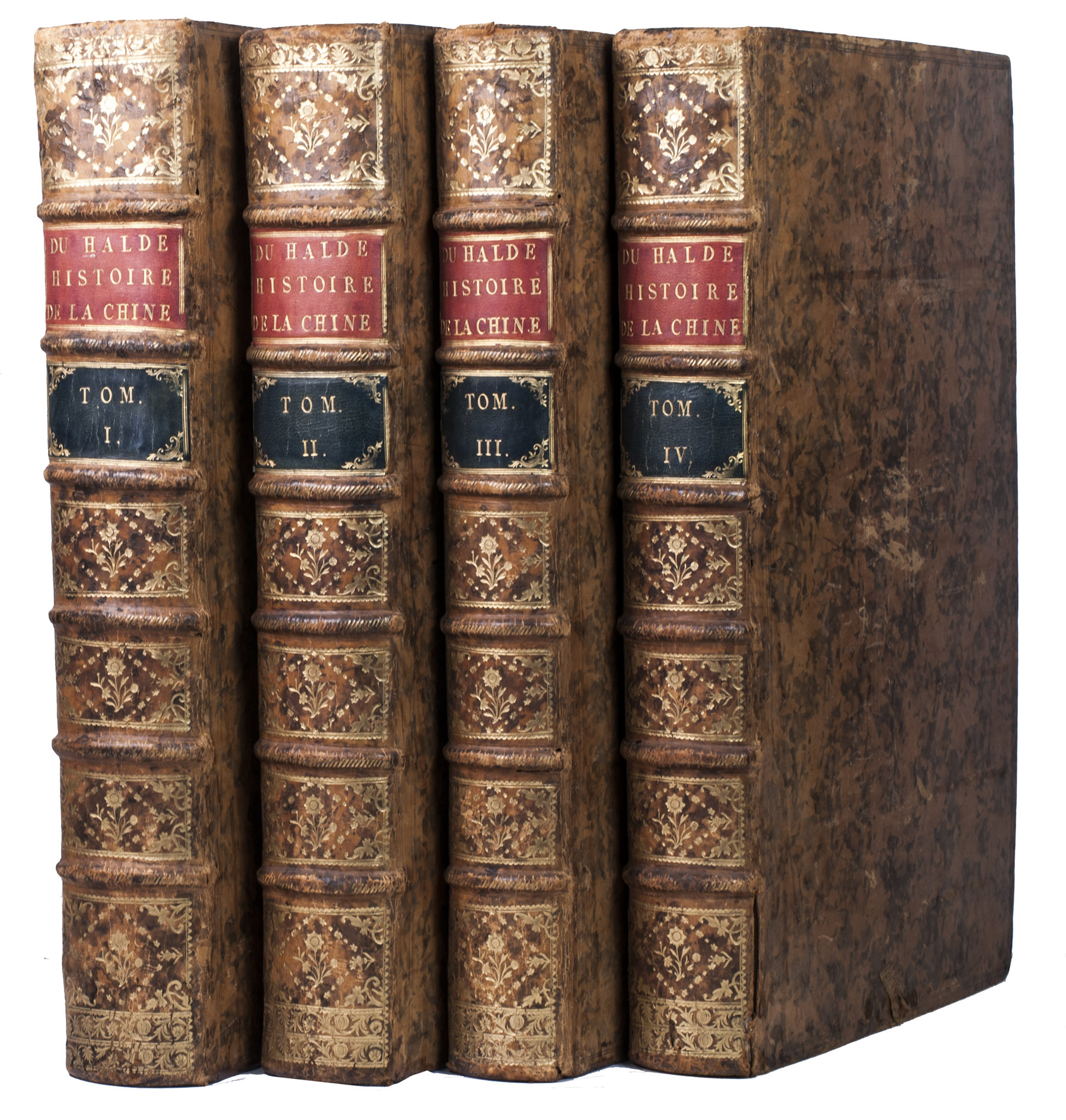 HALDE, Jean-Baptiste du. - Description gographique historique, chronologique, politique, et physique de l'Empire de la Chine et de la Tartarie Chinoise, enrichie des cartes gnrales et particulieres de ces pays, de la carte gnrale & des cartes particulieres du Thibet, & de la Core.Paris, P.G. le Mercier, 1735. 4 volumes. Folio (ca. 43 x 28 cm). With 43 engraved maps (folding, double-page and full-page), 21 engraved plates (folding, double-page and full-page), numerous decorated woodcut initials and head- and tailpieces. Contemporary gold- and blind-tooled mottled calf.