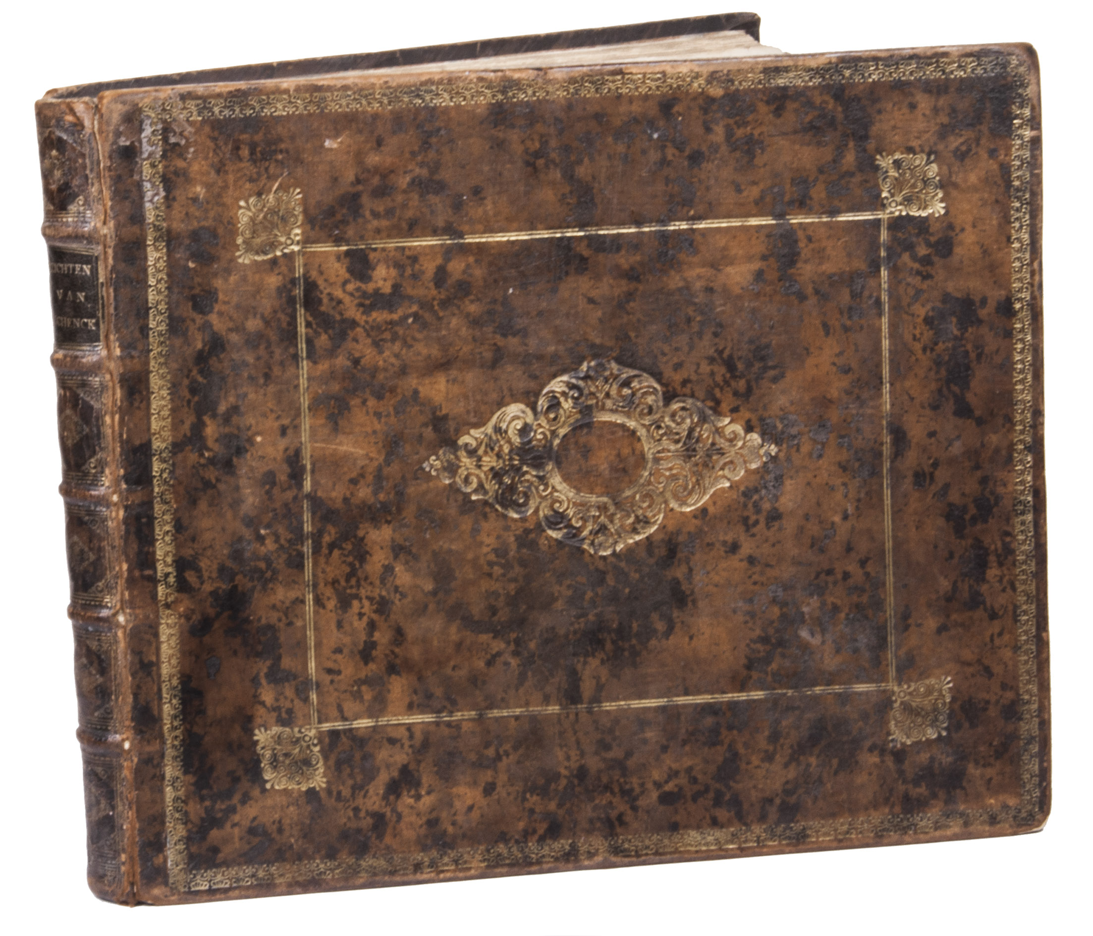 SCHENK, Pieter. - Delineatio domus recreatricis adjacentiumque prospectuum amoenissimorum extra urbem Zutphaniensem ...[Amsterdam], Pieter Schenk, [ca. 1702]. With: (2) SCHENK, Pieter. Praetorium dieranum quod a se per omnes partes descriptum ac delineatum Serenissimo Britanniarum Regi Gulielmo III humillime offert Petrus Schenk. [Amsterdam, Pieter Schenk, ca. 1700]. (3) CALL, Johannes van. Loani, ut et villarum Regis Gulielmi reliquarum, conspectus selectiores. [Amsterdam, Pieter Schenck, ca. 1700]. 3 works in 1 volume. Oblong 4to (26.5 x 31 cm). With an engraved title page for each work, and 50 contemporary hand-coloured engraved plates. Contemporary gold-tooled mottled calf, with a black morocco title label lettered in gold on the spine, gold-tooled board edges, marbled endpapers, gilt edges.